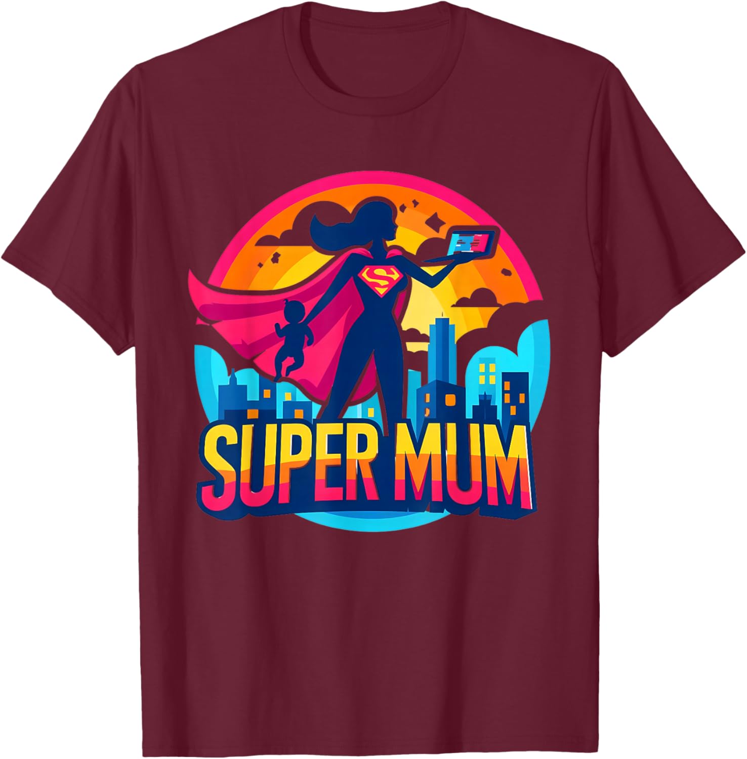 Birthday Gifts For Mom - Super Mum , Black, S T-Shirt - T-Shirt | Maroon