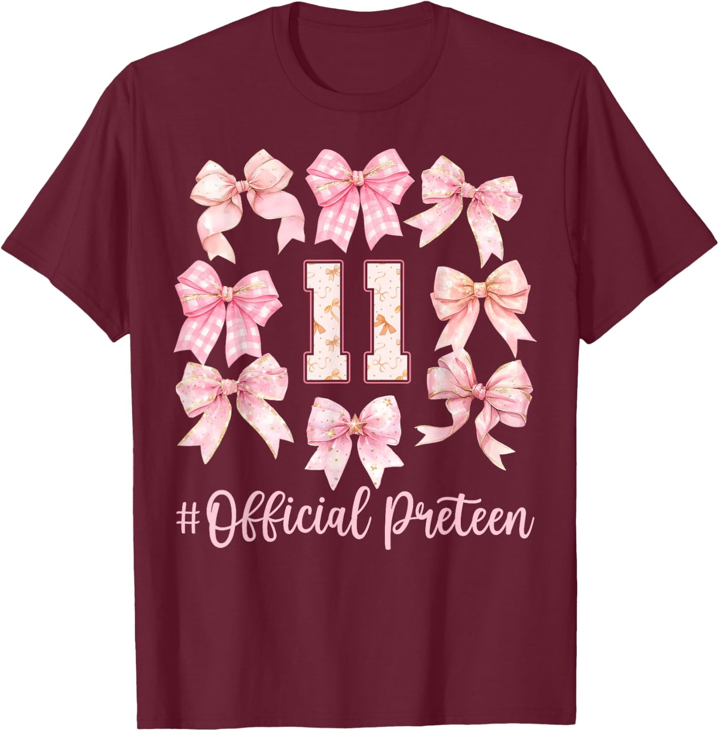 11th Birthday Girl Coquette Bow Official Preteen Girls T-Shirt - T-Shirt | Maroon