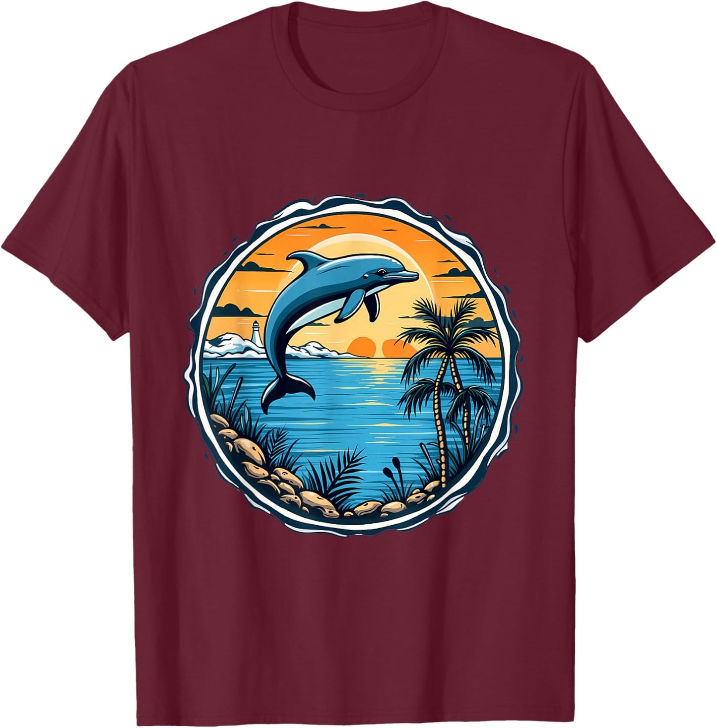 Dolphin Sunset Scene Ocean Tropical Beach Vibes , Black, S T-Shirt - T-Shirt | Maroon