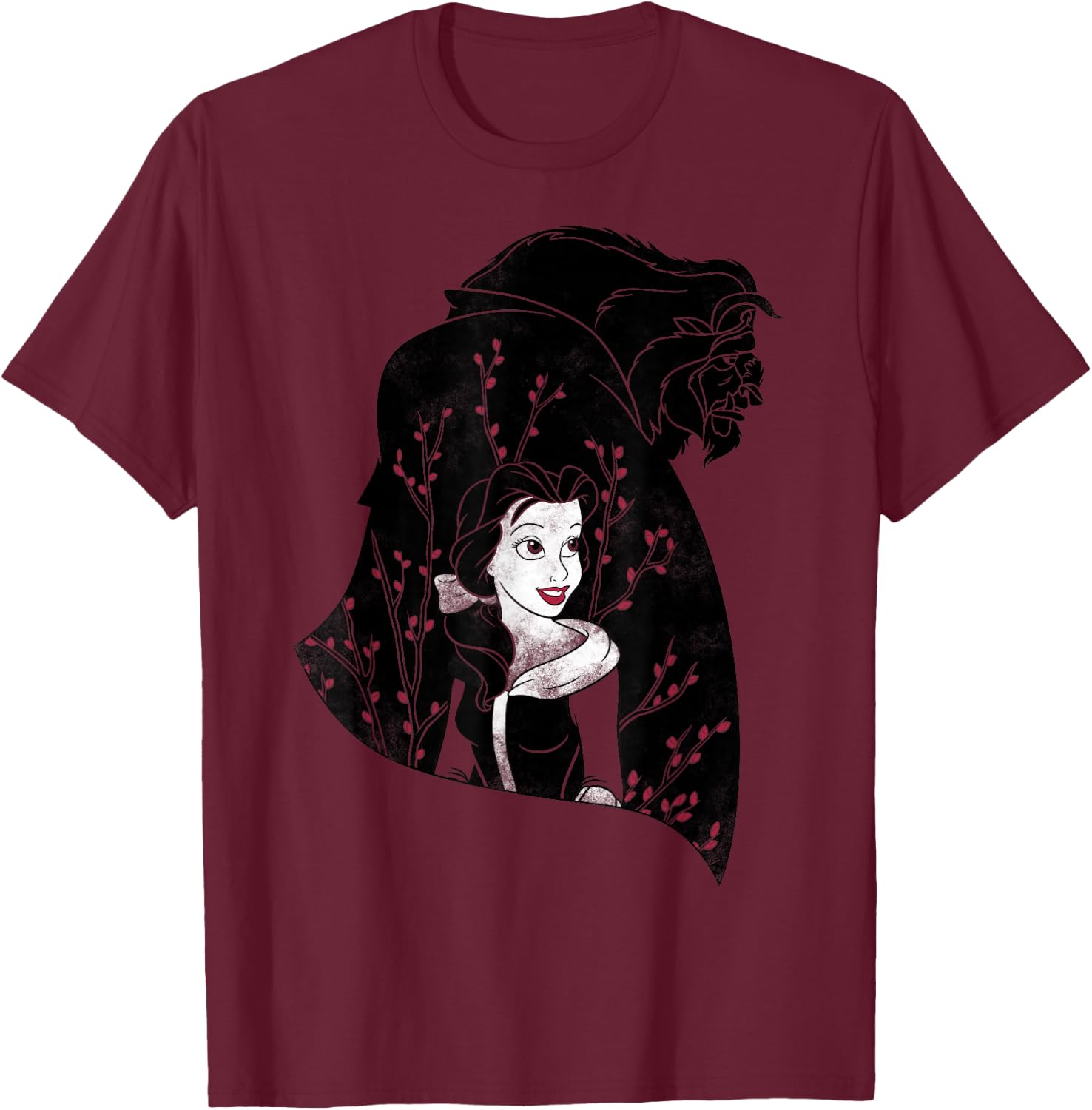 Disney Beauty And The Beast Floral Silhouette T-Shirt - T-Shirt | Maroon