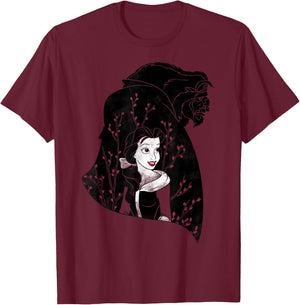 Disney Beauty And The Beast Floral Silhouette T-Shirt - T-Shirt | Maroon
