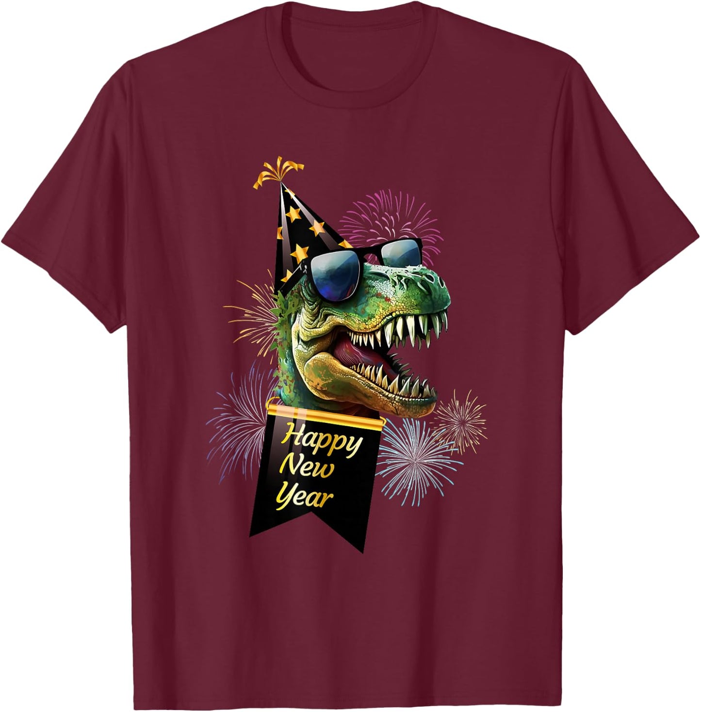 Happy New Year Dinosaur T Rex Sunglasses Fireworks NYE Party T-Shirt - T-Shirt | Maroon