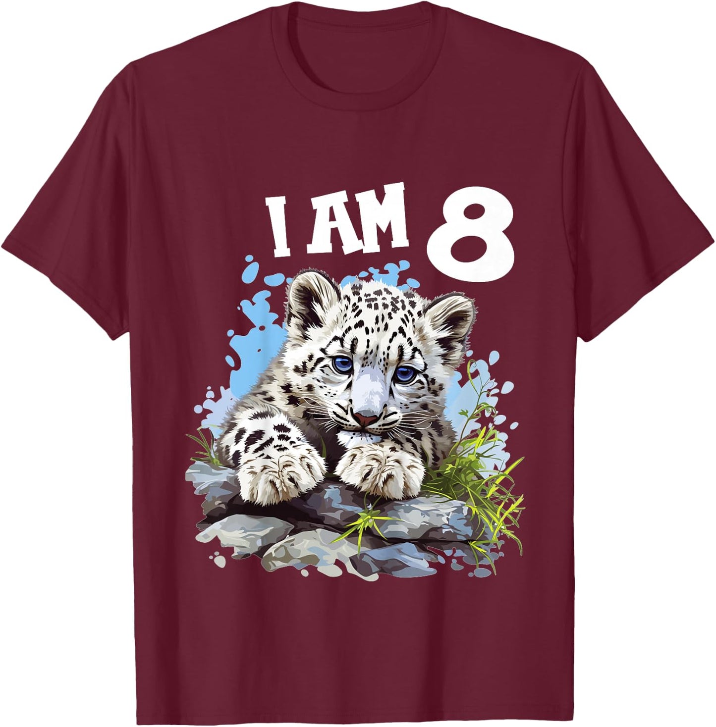 Kids 8 Years old 8 birthday Snow Leopards Boy girl Snow Leopard T-Shirt - T-Shirt | Maroon