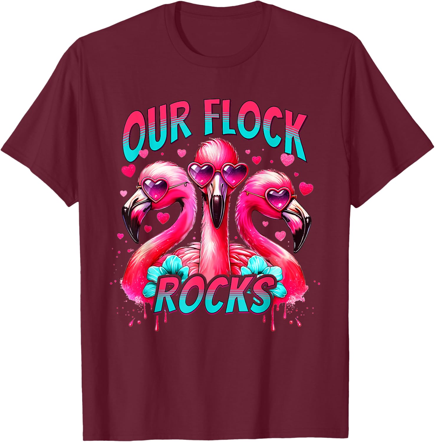 Our Flock Rocks Flamingo Matching Family Vacation T-Shirt - T-Shirt | Maroon