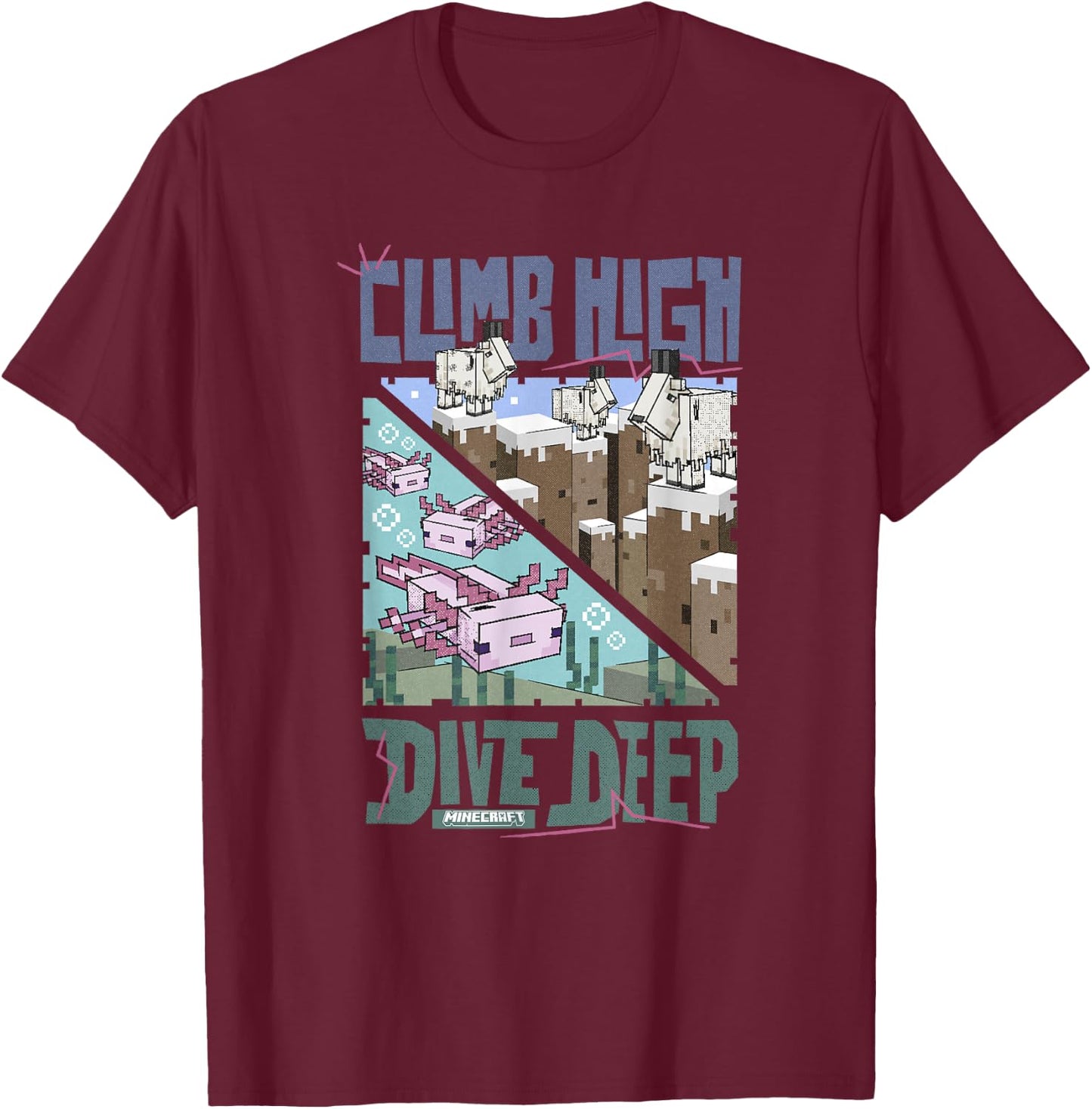 Minecraft Climb High Dive Deep Mountains & Sea Panels T-Shirt - T-Shirt | Maroon