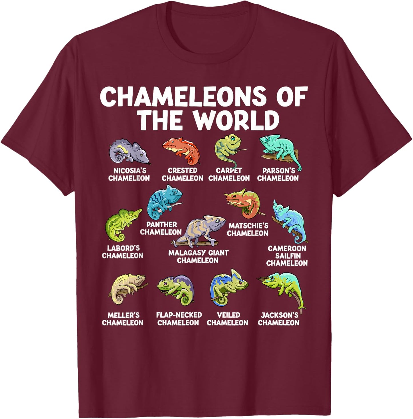 Chameleons Of The World Kawaii Types Of Chameleons Reptile T-Shirt - T-Shirt | Maroon