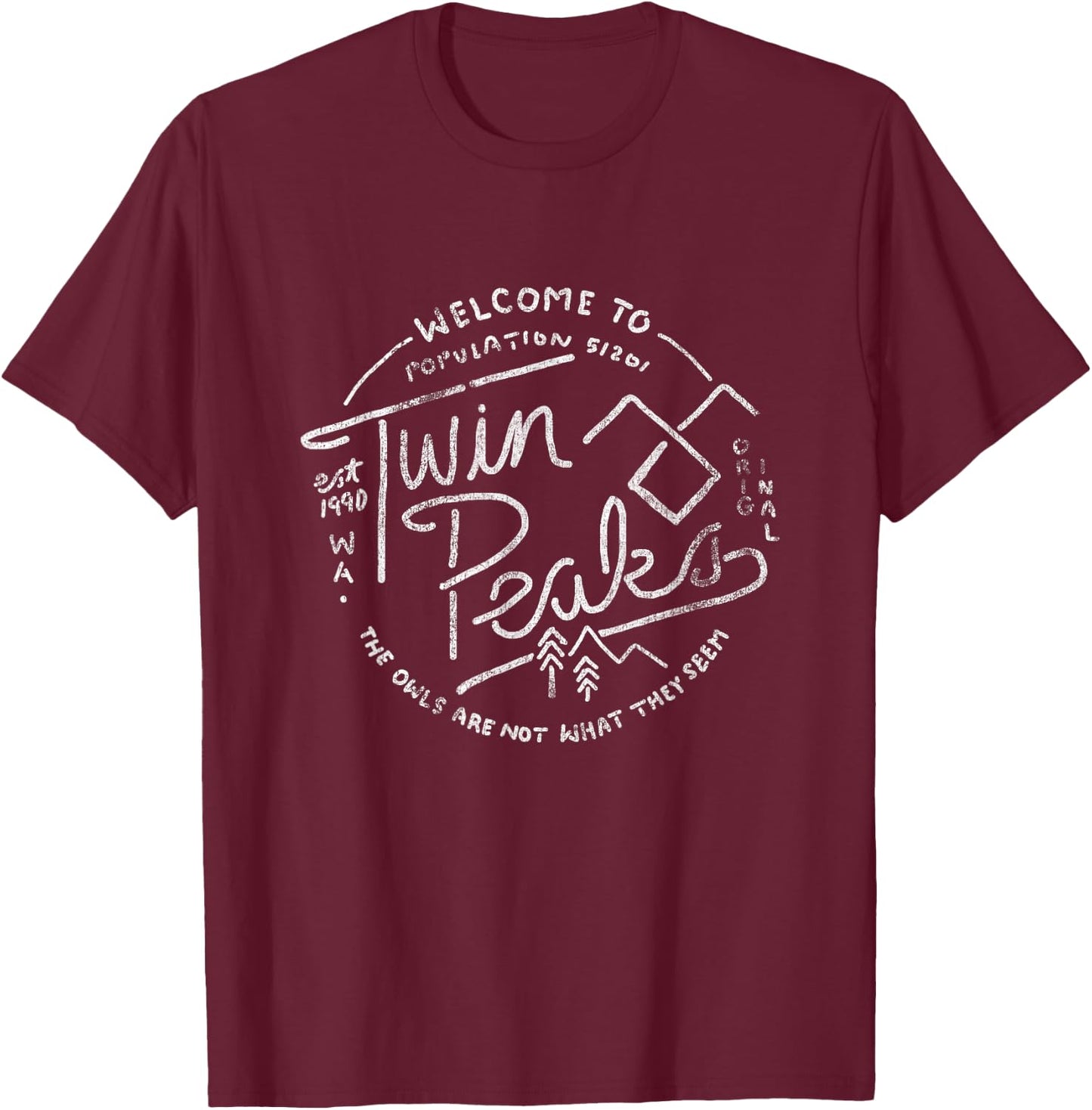 Twin Peaks Welcome To Twin Peaks Distressed Logo , Black, S T-Shirt - T-Shirt | Maroon