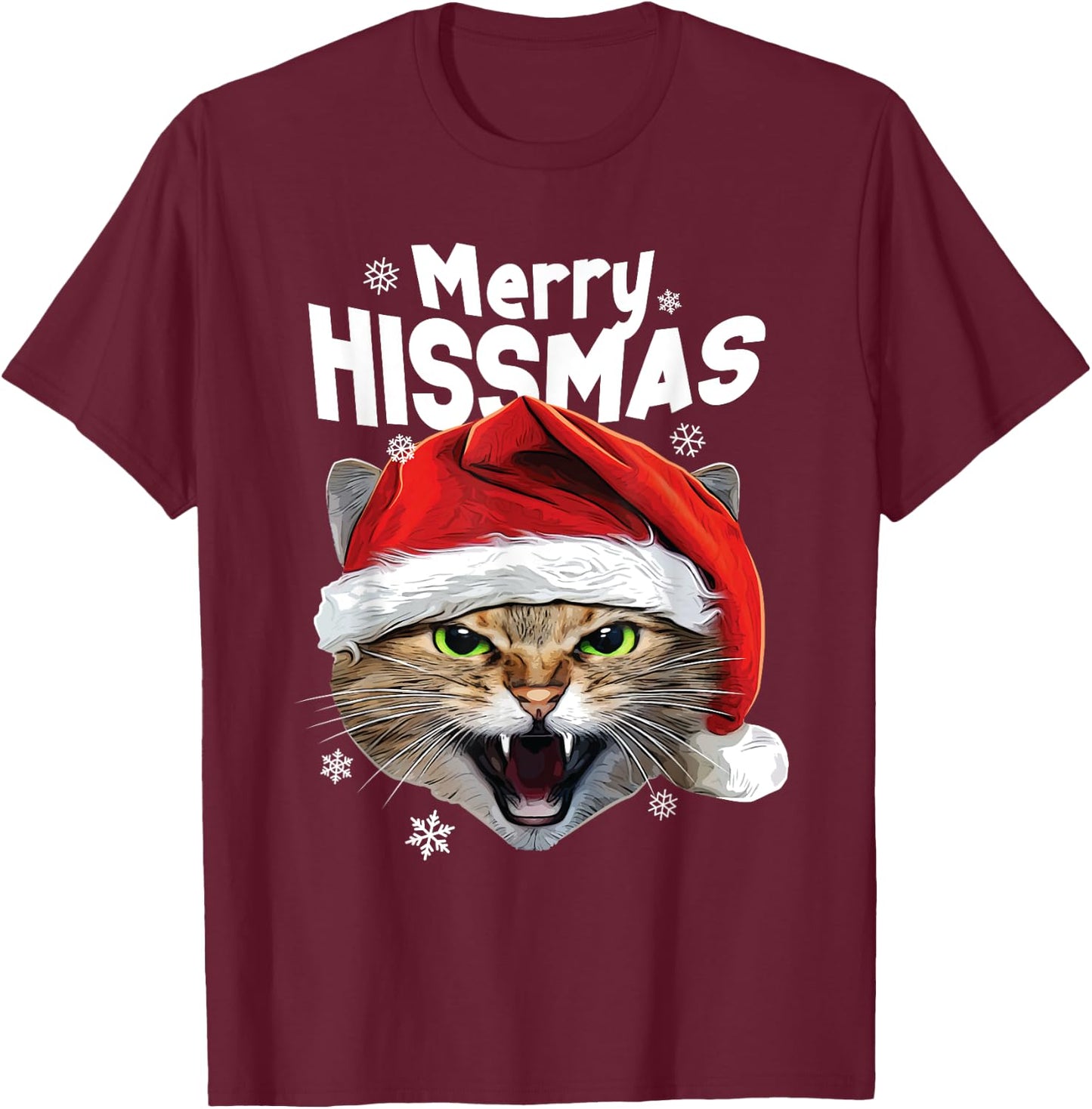 Cool Christmas Cat T Shirt 'Merry HISSmas' for Cat Lovers T-Shirt - T-Shirt | Maroon