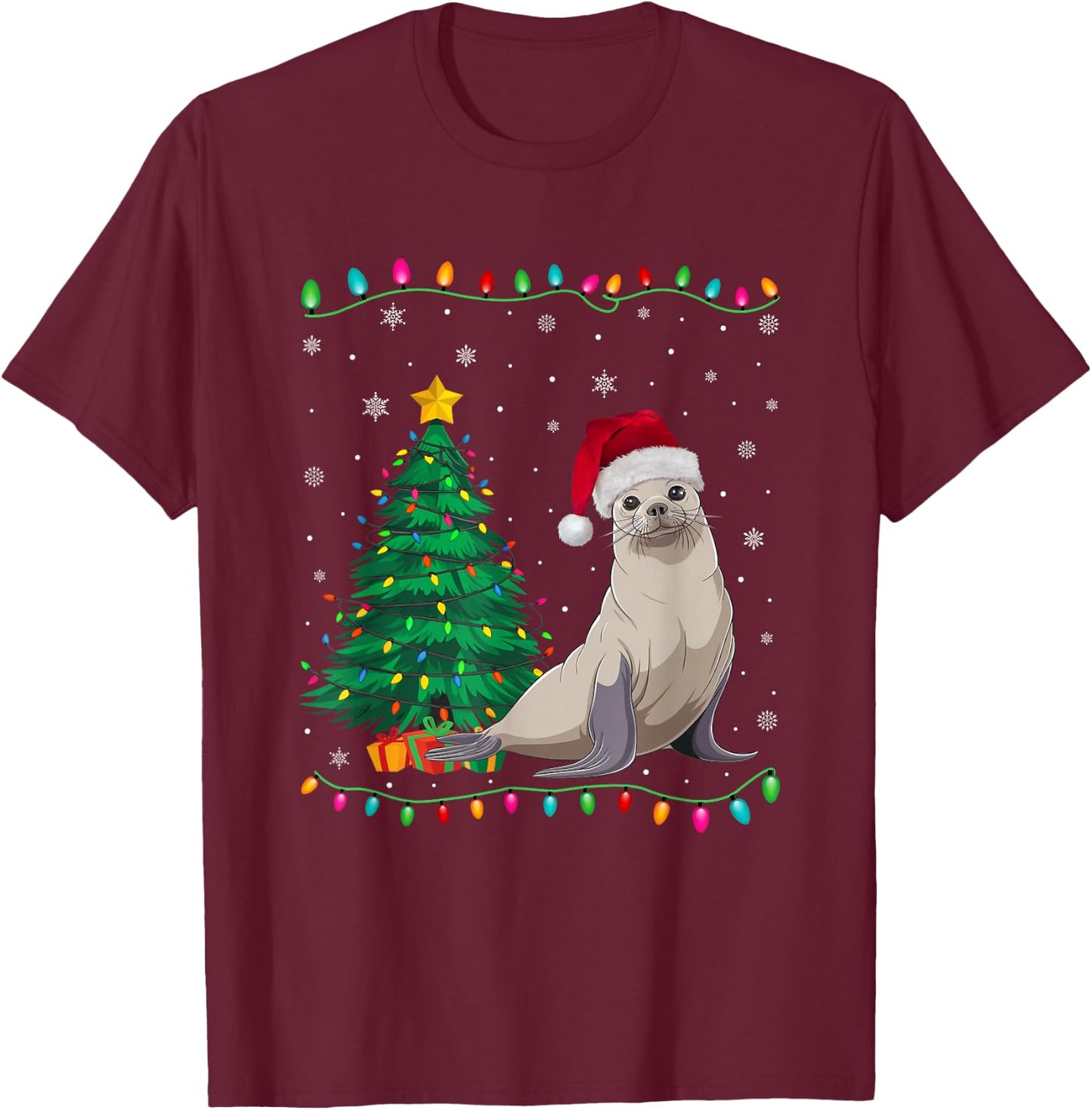 Seal Santa Hat Men Women Kids Christmas Tree Lights T-Shirt - T-Shirt | Maroon