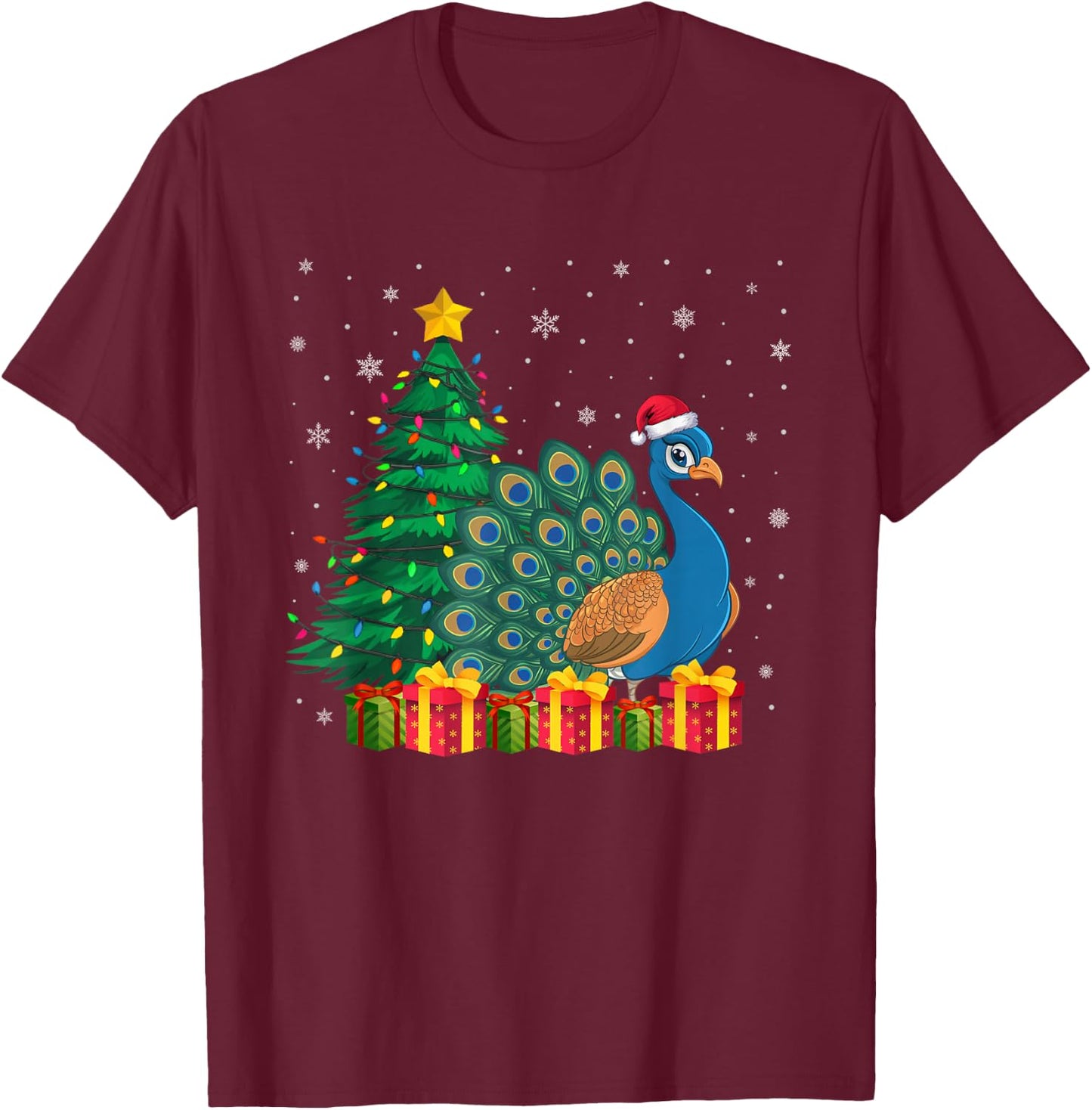 Ugly Peacock Santa Hat Christmas Tree Lights Pajama T-Shirt - T-Shirt | Maroon