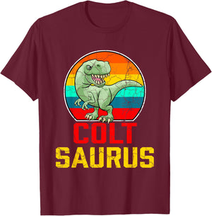 Colt Saurus Family Reunion Last Name Team Funny Custom T-Shirt - T-Shirt | Maroon