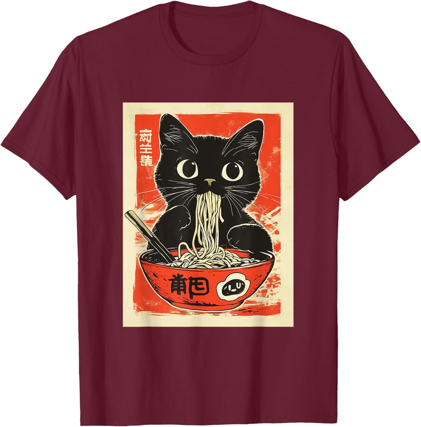 Noodle Cat Japanese Style Art T-Shirt - T-Shirt | Maroon