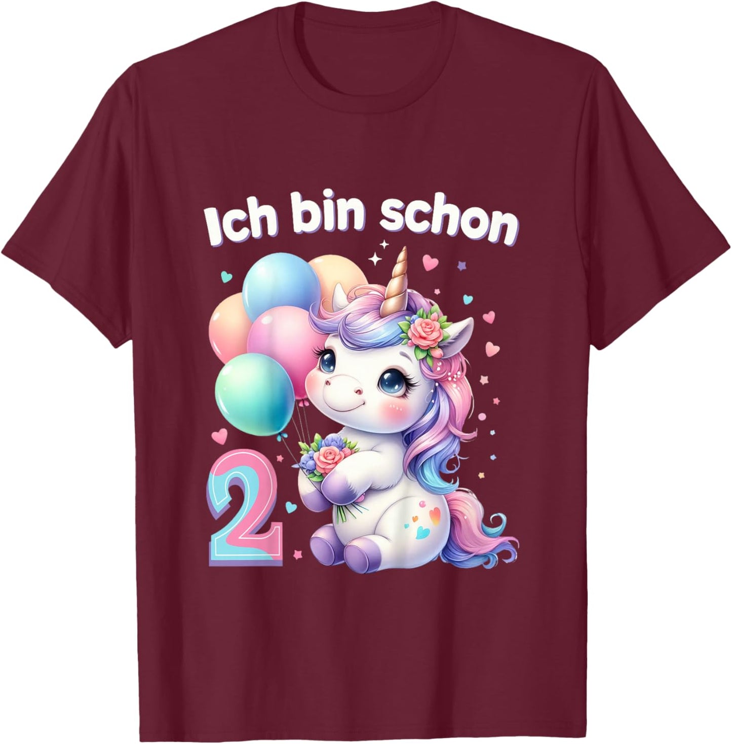 Children's 2nd Birthday Girl 2 Years Unicorn Party Outfit Unicorn , black T-Shirt - T-Shirt | Maroon
