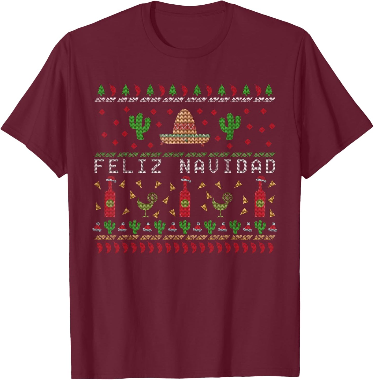 Feliz Navidad Mexican Ugly Christmas Sweater T-Shirt - T-Shirt | Maroon