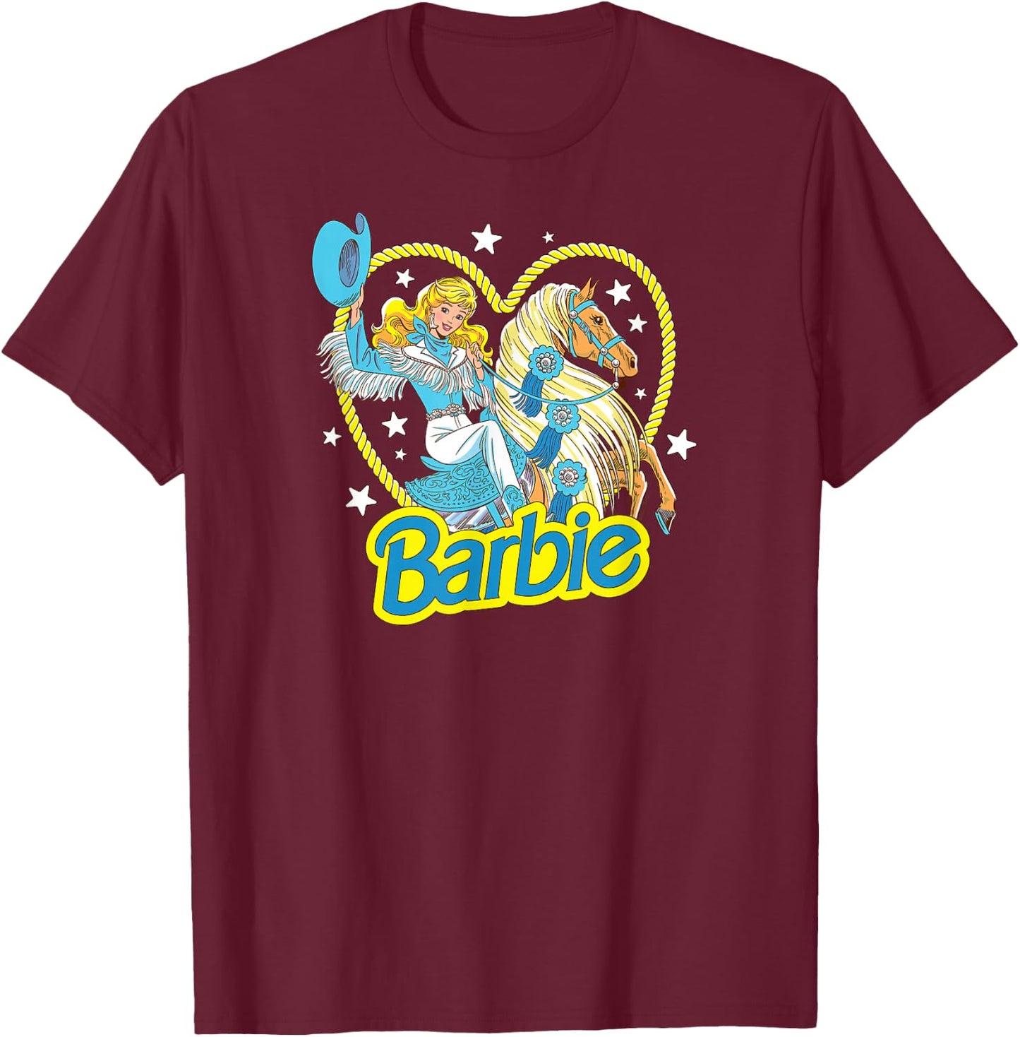 Barbie - Retro Western Cowgirl with Horse and Heart , black T-Shirt - T-Shirt | Maroon