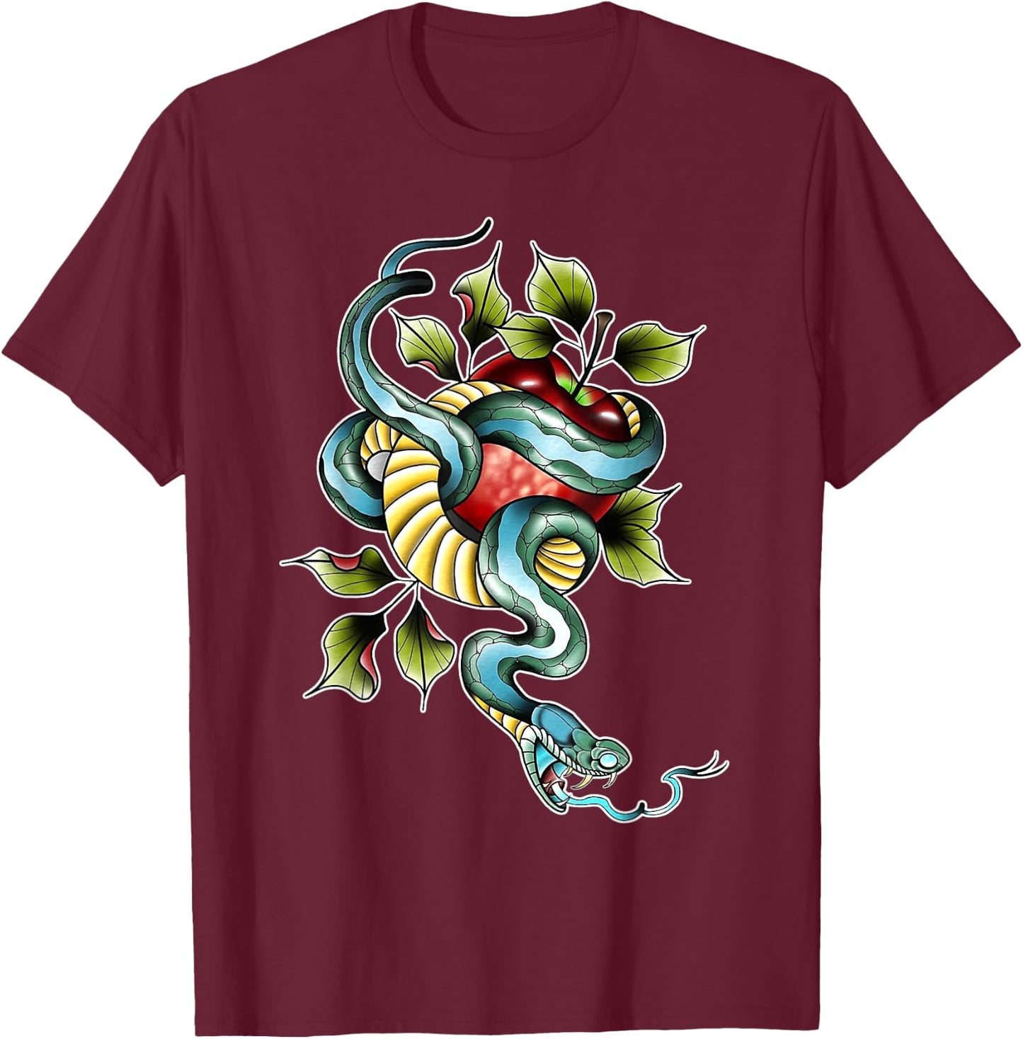 Snake x Apple x Garden of Eden x Adam & Eve Neo-Traditional T-Shirt - T-Shirt | Maroon