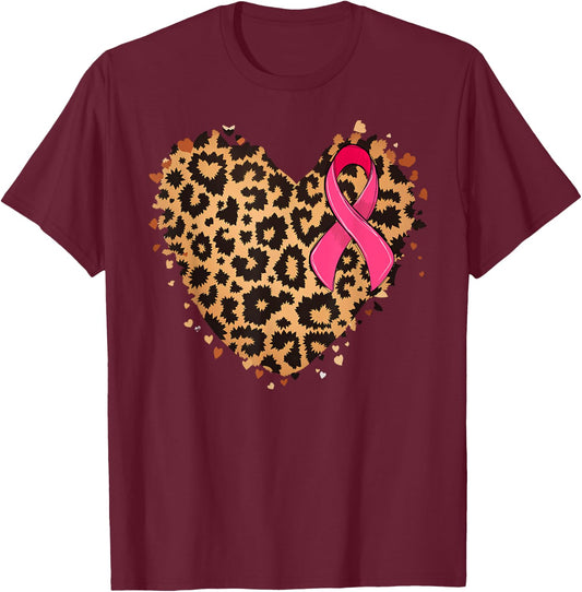 Breast cancer Pink ribbon Cheetah Leopard Heart Print T-Shirt - T-Shirt | Maroon