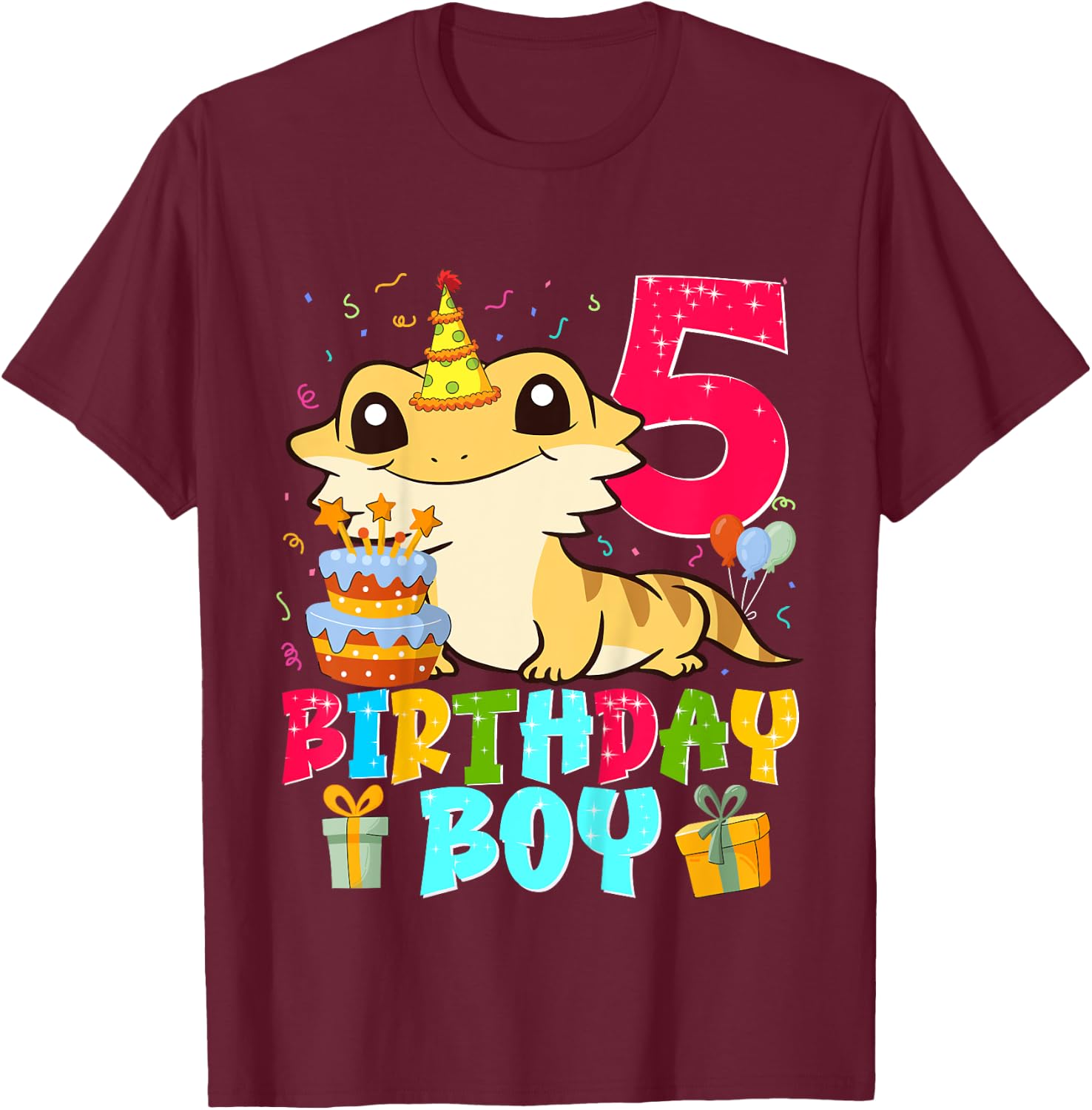 Kids Bearded Dragon Lizard 5th Birthday 5 Years Old Boy Kids T-Shirt - T-Shirt | Maroon