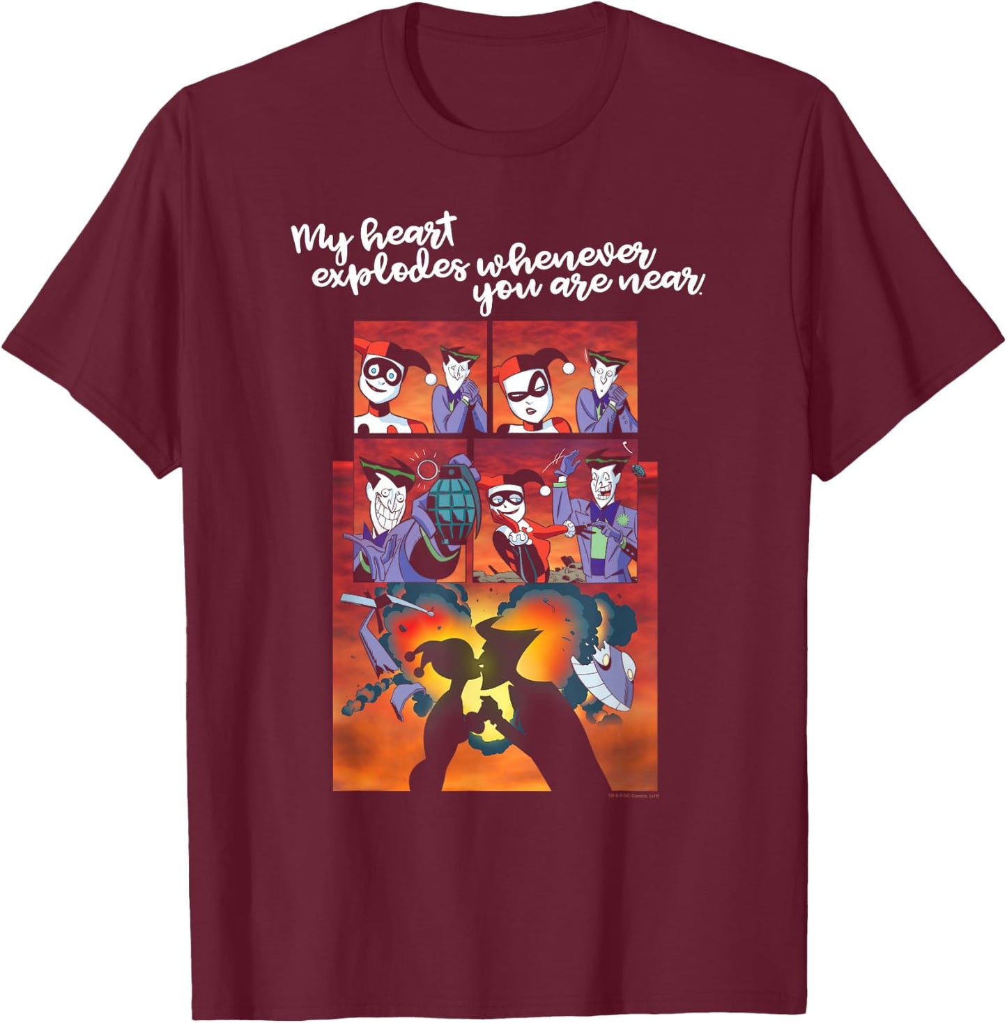 Batman Harley Quinn Joker Heart Explodes T-Shirt - T-Shirt | Maroon