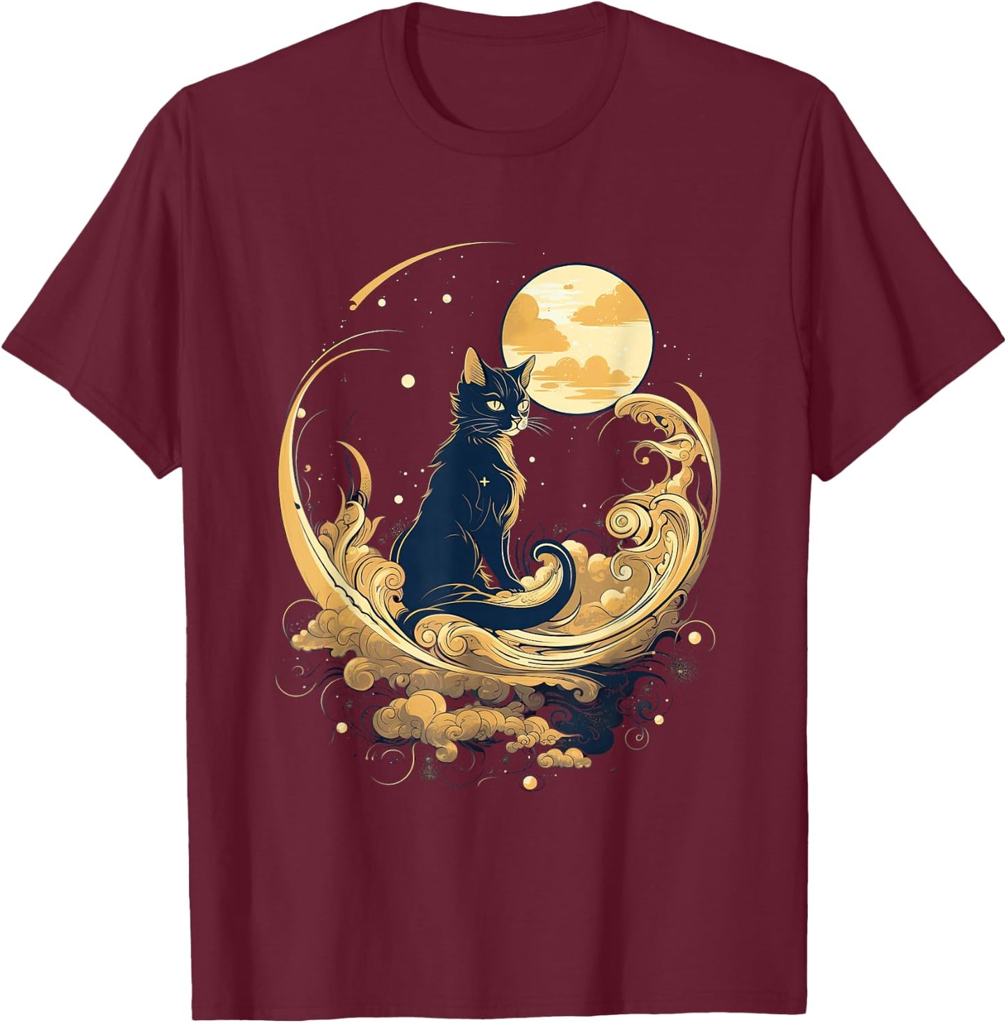 Cat in Front of Moon and Stars Goth Pastel Kawaii T-Shirt - T-Shirt | Maroon
