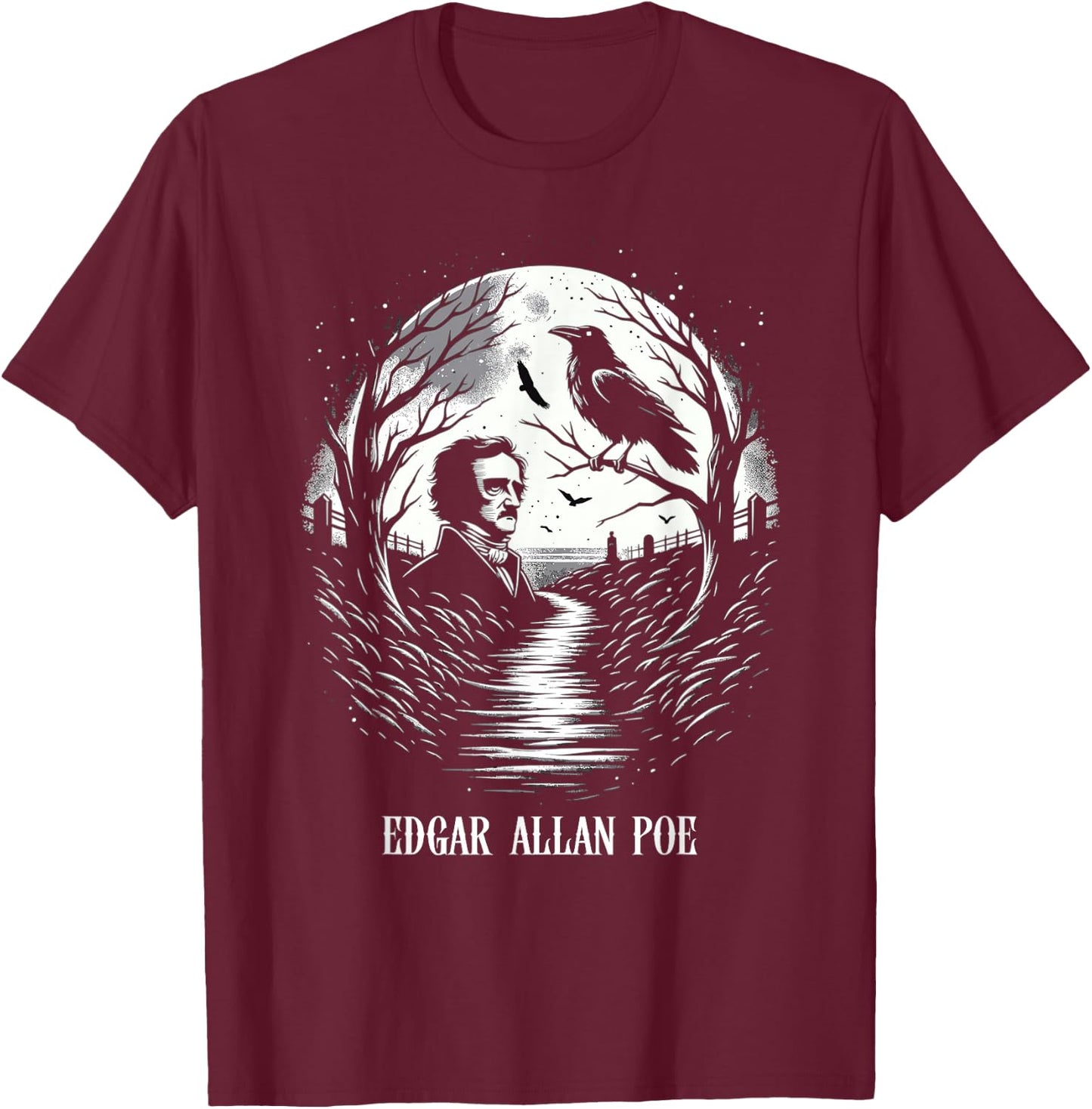 Horror and Fantasy Creative Writing Macabre Art Edgar Allan Poe & Raven - -Youth, Black, Small T-Shirt - T-Shirt | Maroon