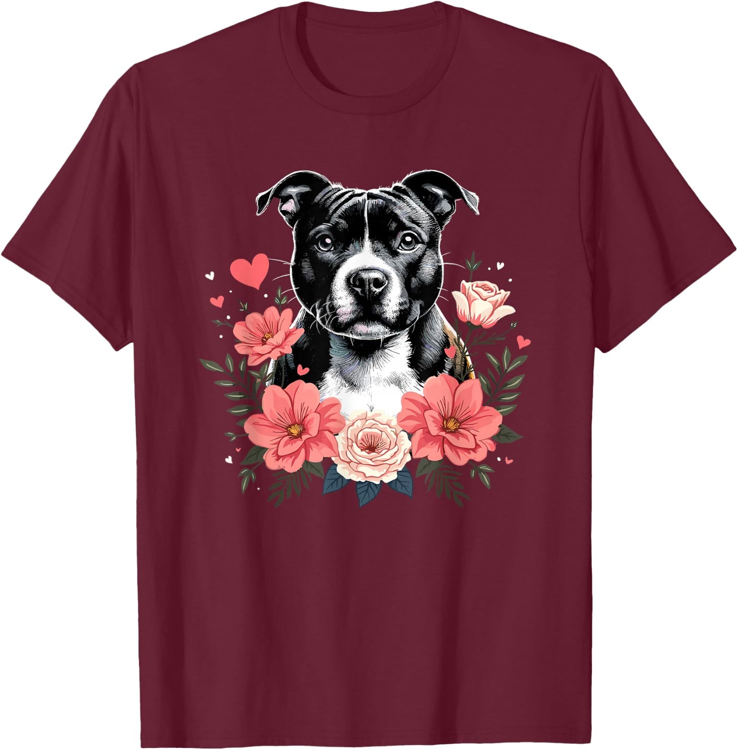 Roses Flowers Staffordshire Bull Terrier Staffy Terriers T-Shirt - T-Shirt | Maroon