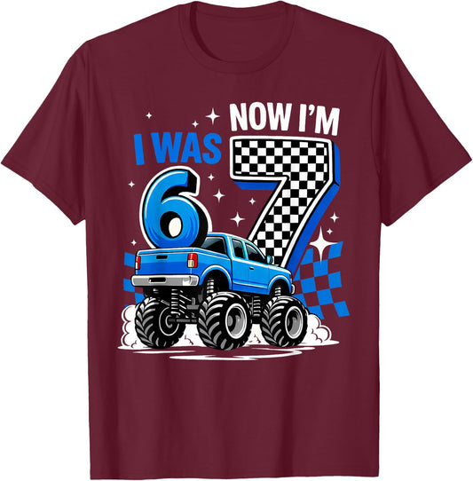 Blue Checkered Monster Truck I was 6 Now I'm 7 Birthday Boy T-Shirt - T-Shirt | Maroon