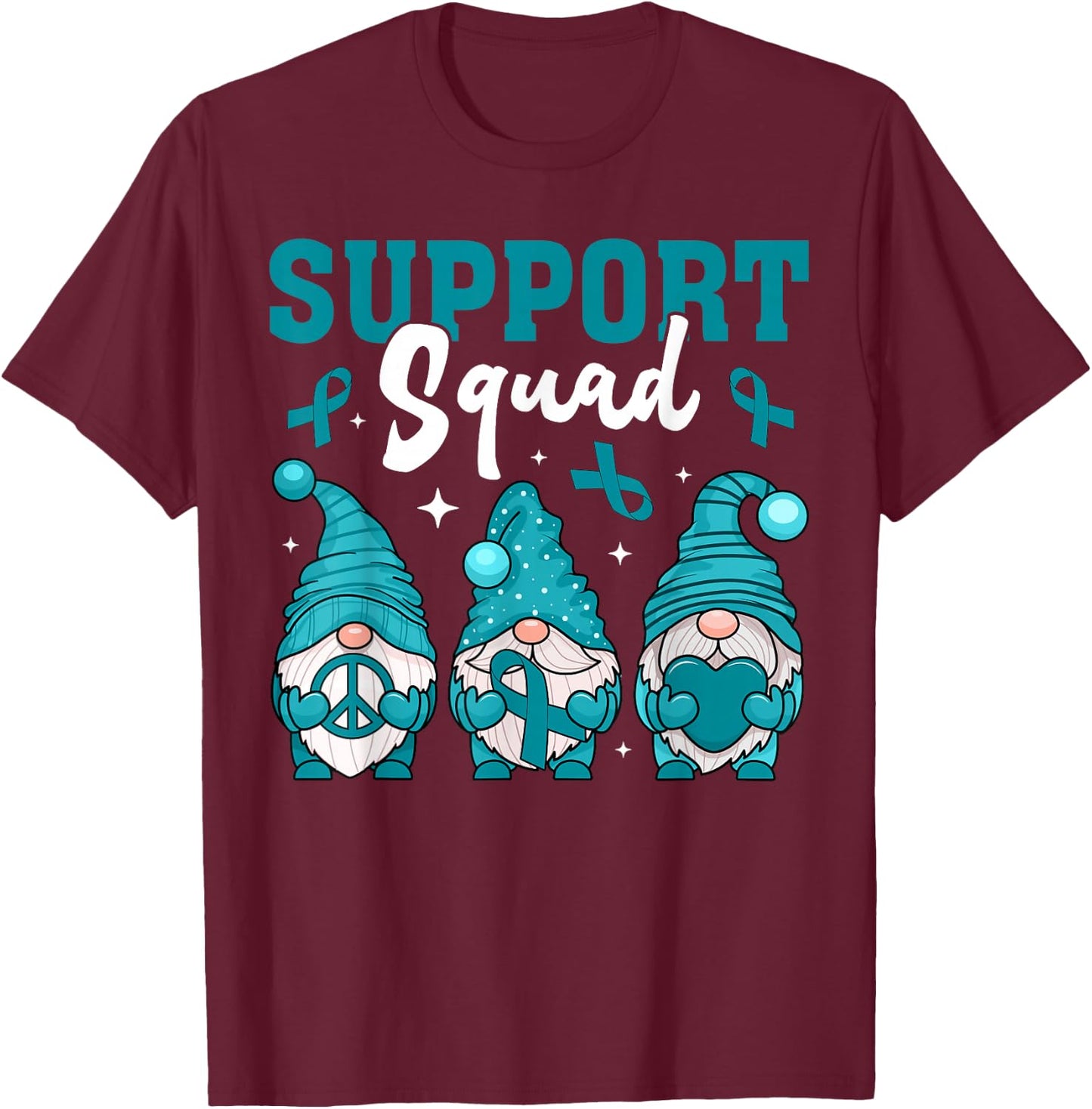 Support Squad Ovarian Cancer Awareness Gnomes & Teal Ribbon T-Shirt - T-Shirt | Maroon
