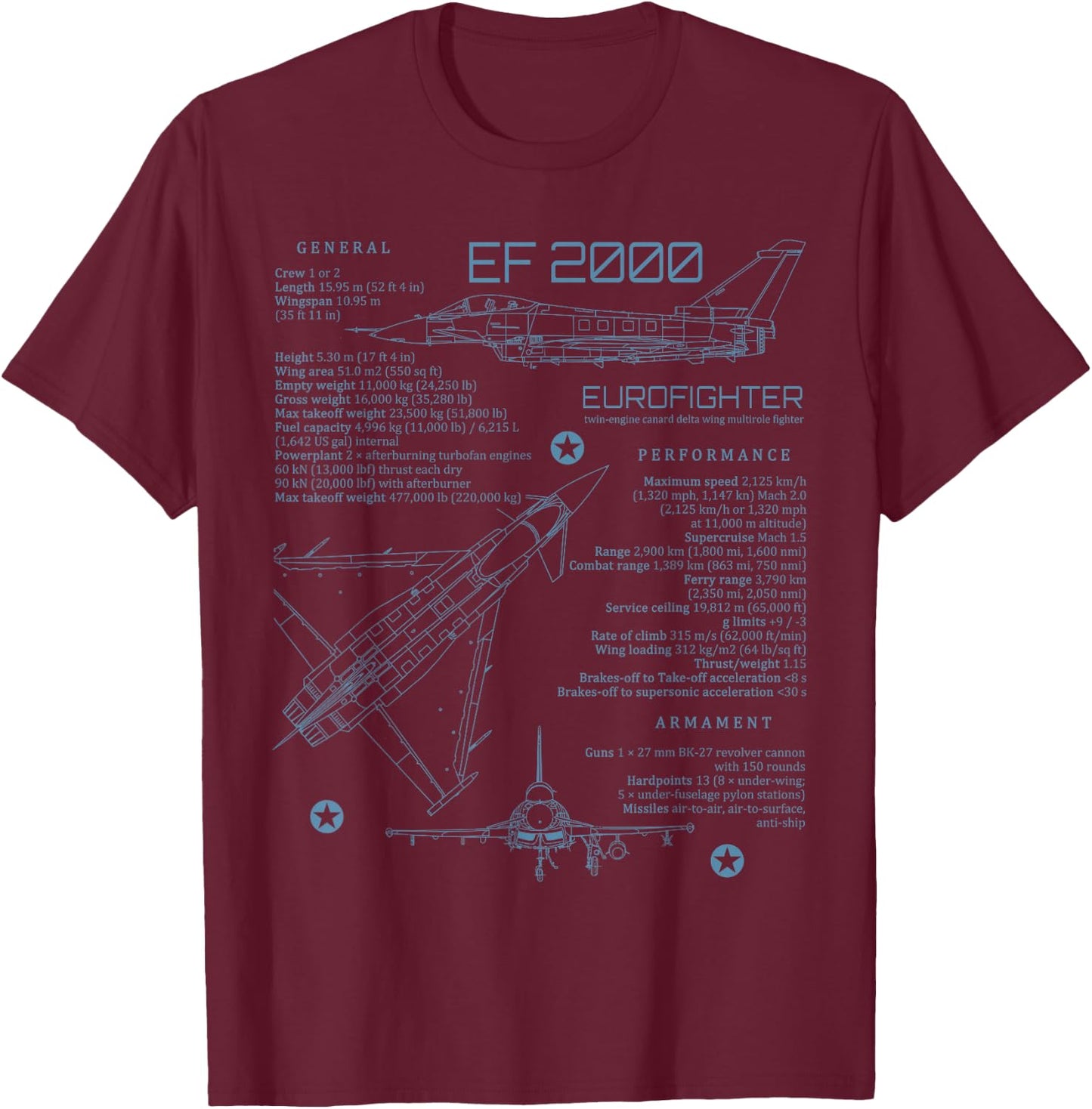 European Military Aviation Airplane Eurofighter EF2000 Typhoon Jet Militärflugzeug für Eurofighter Jet Fans, Schwarz, S, Kurzarm, Klassische Passform, , Erwachsene T-Shirt - T-Shirt | Maroon