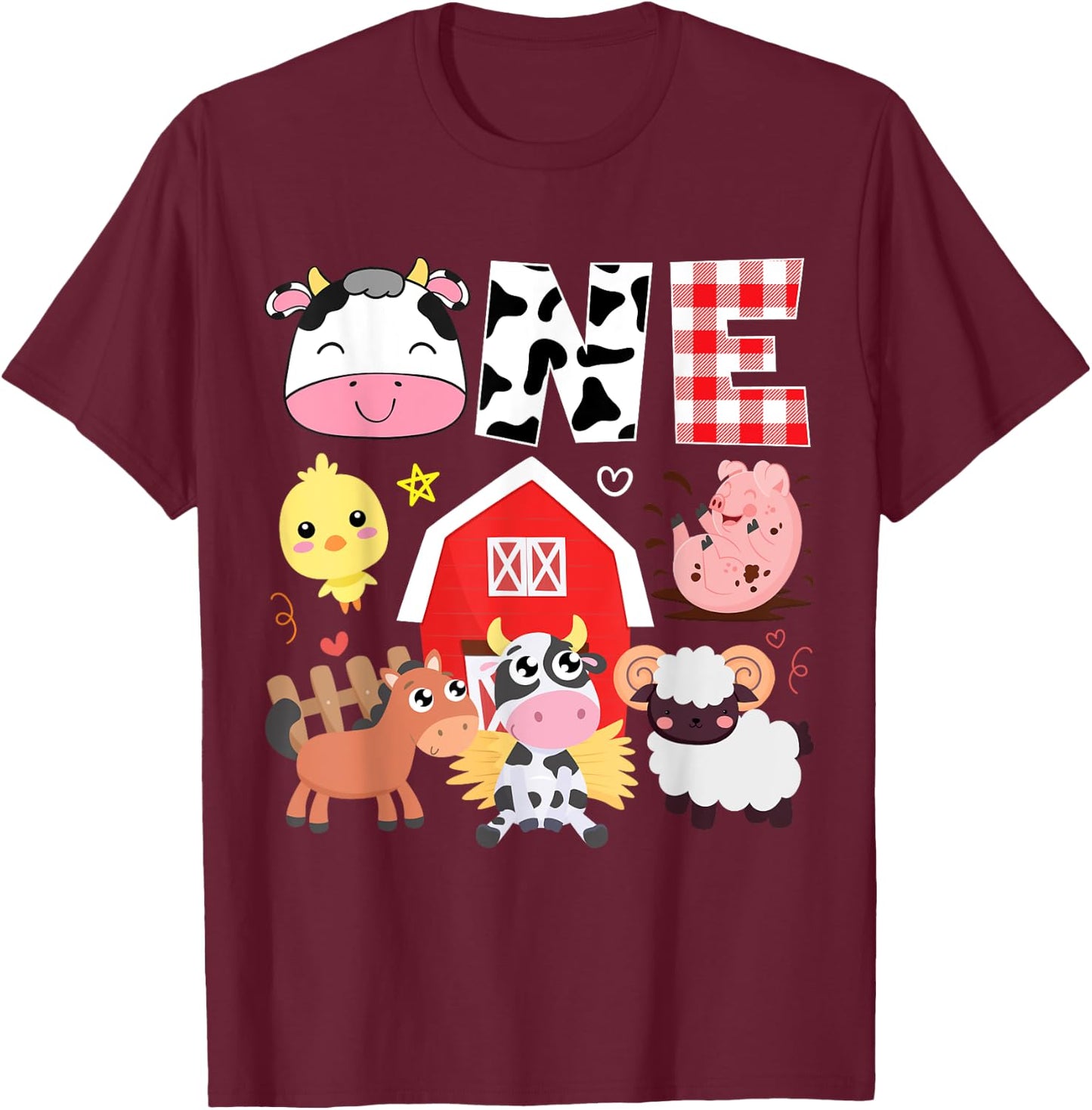 1st Birthday One Year Old Farm Theme Animals Birthday Party T-Shirt - T-Shirt | Maroon