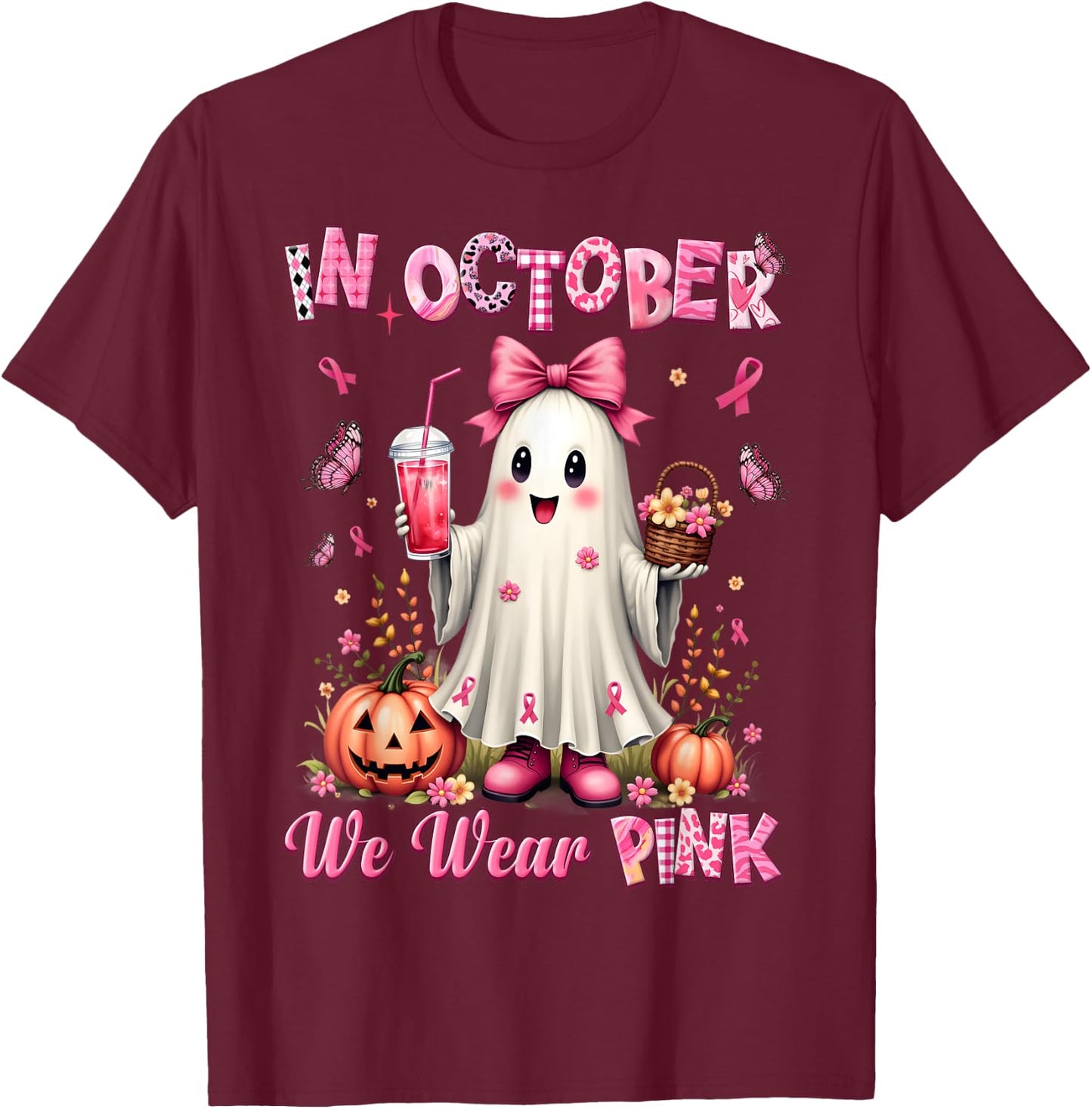 In October We Wear Pink Ghost Breast Cancer Awareness T-Shirt - T-Shirt | Maroon