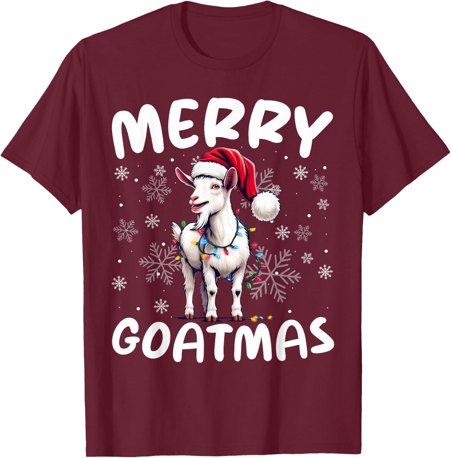 Goat Funny Merry Goatmas Santa Hat Sunglass Snowflakes Xmas T-Shirt - T-Shirt | Maroon