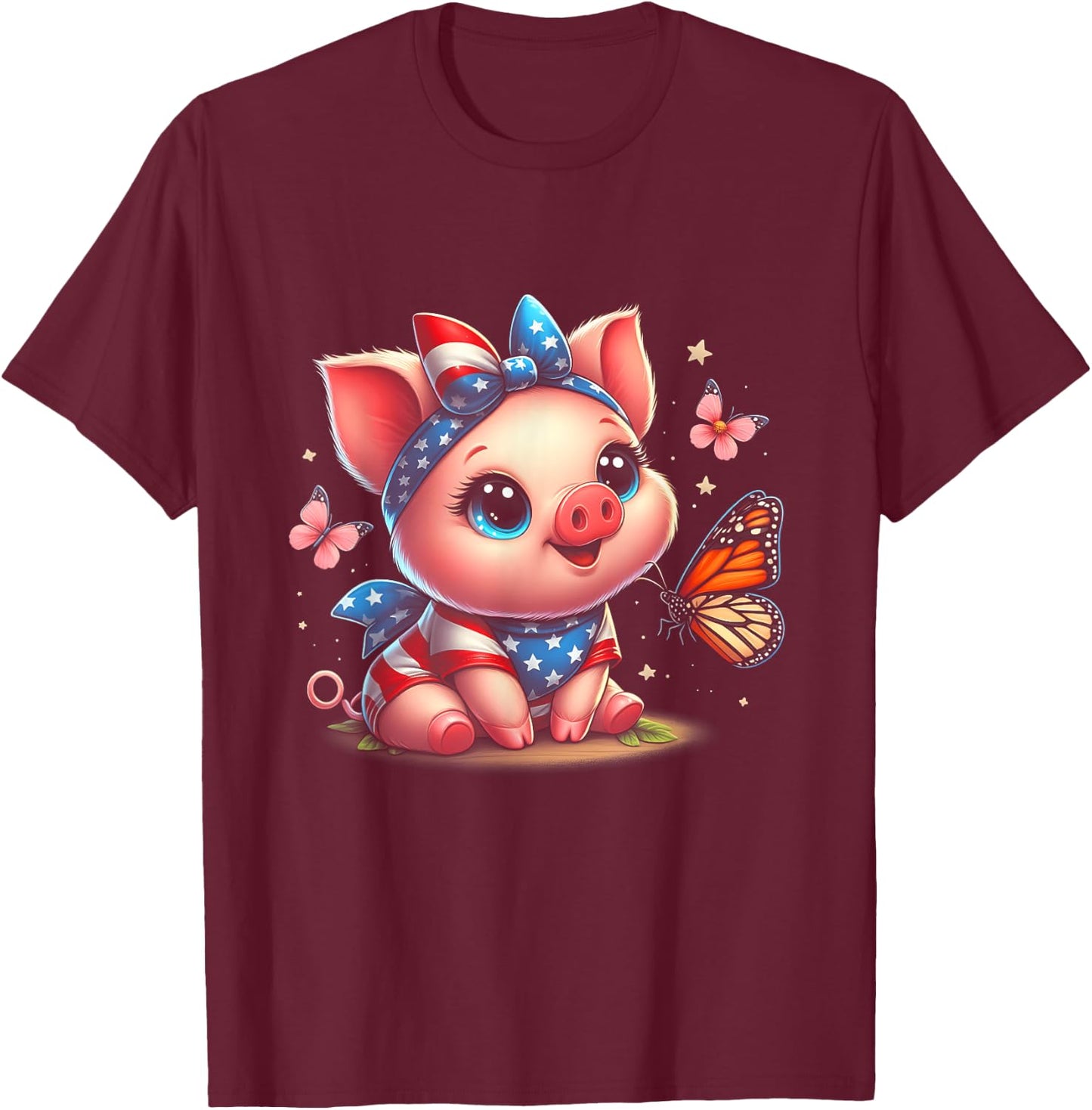 Cute Pig With Bandana Pigs Lover American Flag 4th Of July T-Shirt - T-Shirt | Maroon