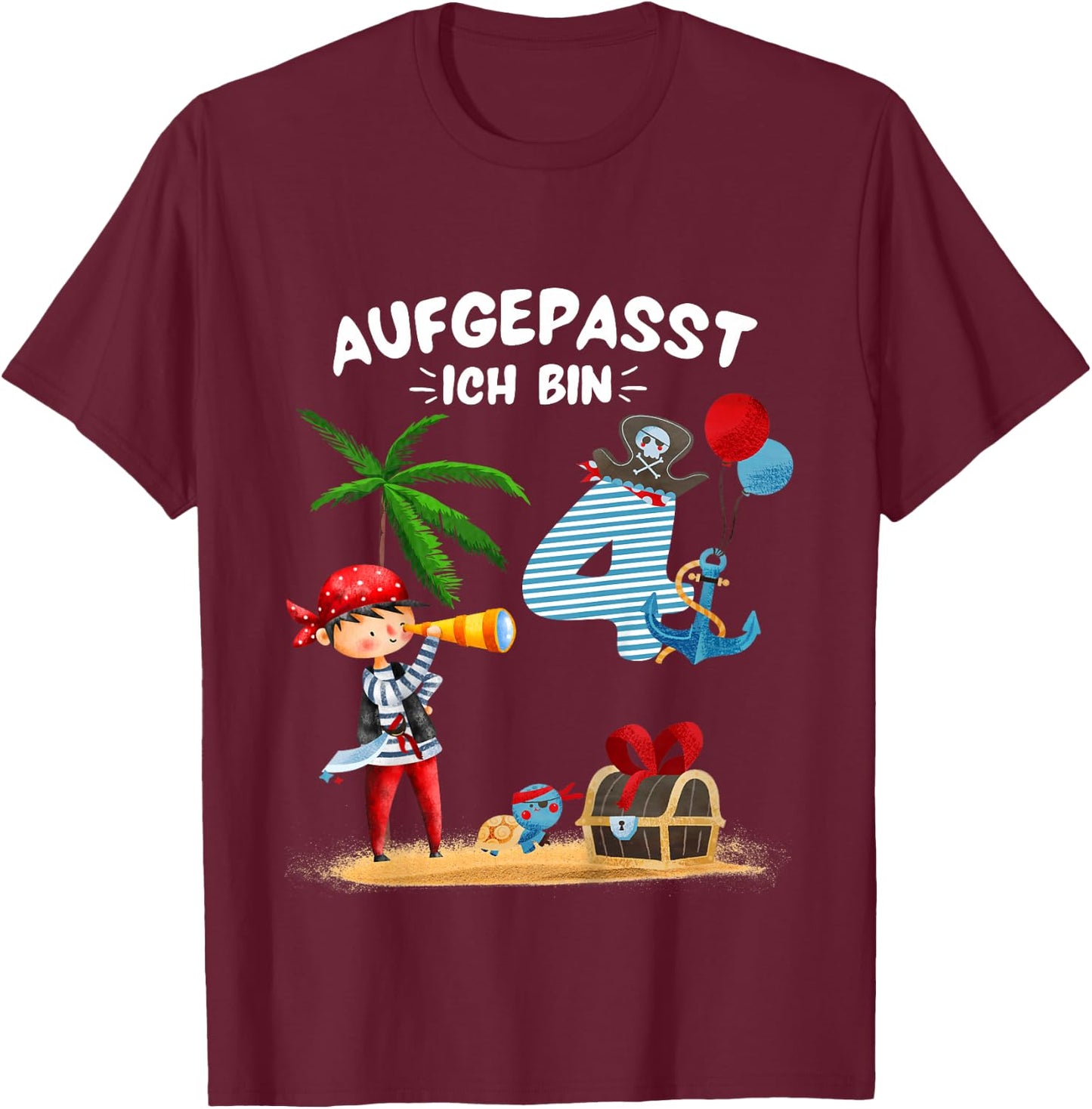 Kinder Geburtstag PIRAT Junge Aufgepasst 4 Jahre Piraten Party T-Shirt - T-Shirt | Maroon
