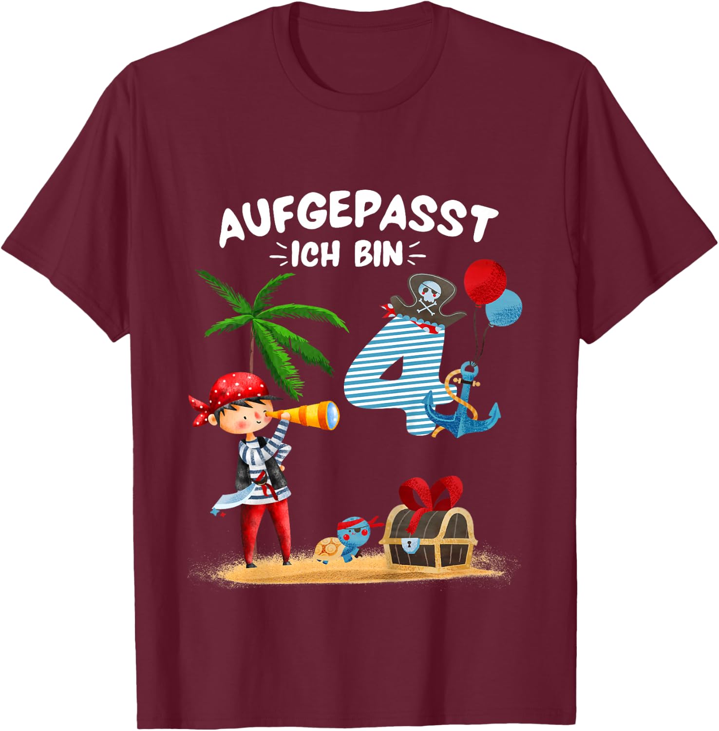 Kinder Geburtstag PIRAT Junge Aufgepasst 4 Jahre Piraten Party T-Shirt - T-Shirt | Maroon