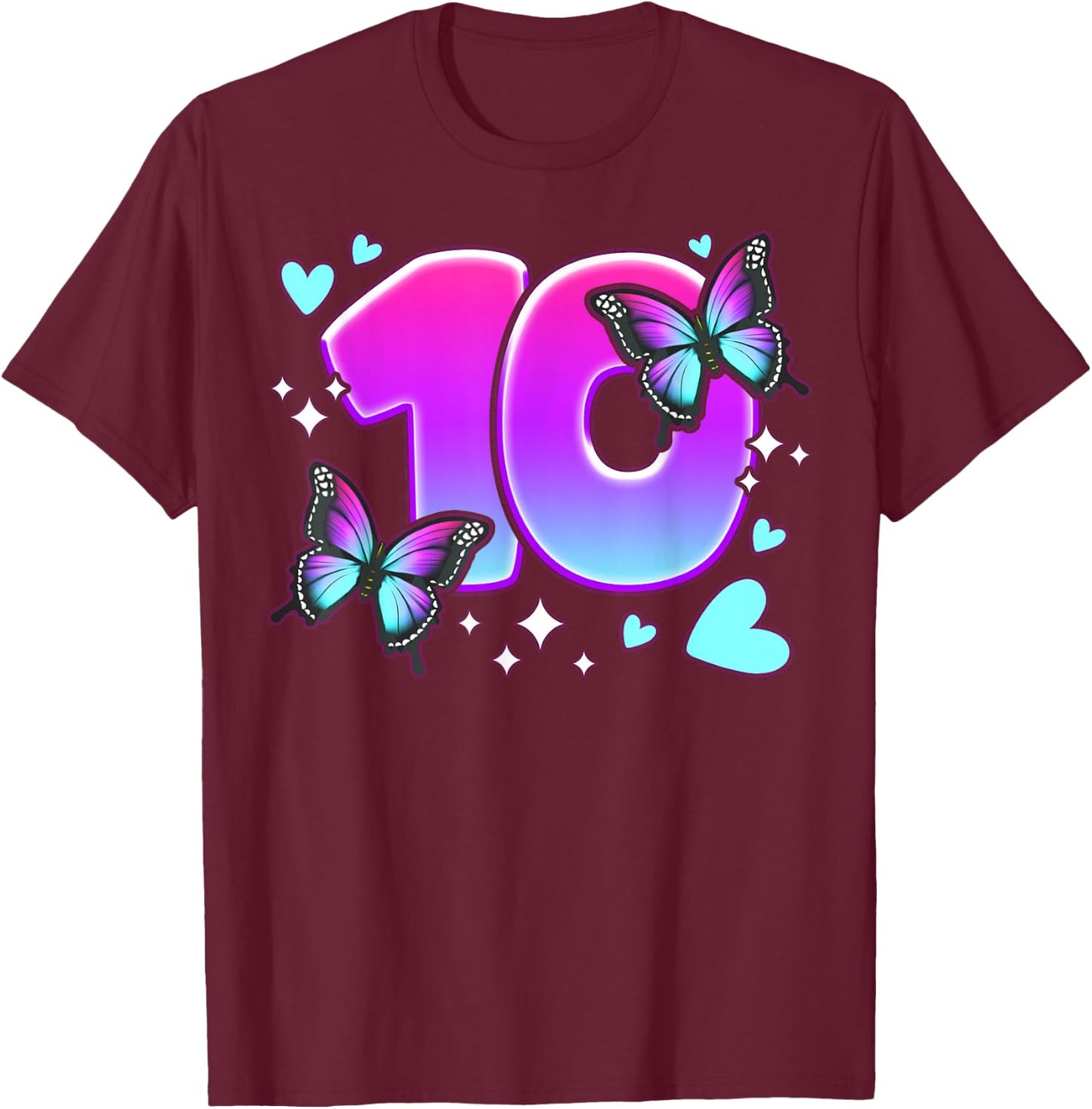 Birthday Girl 10 Years, Butterflies and Number 10 T-Shirt - T-Shirt | Maroon