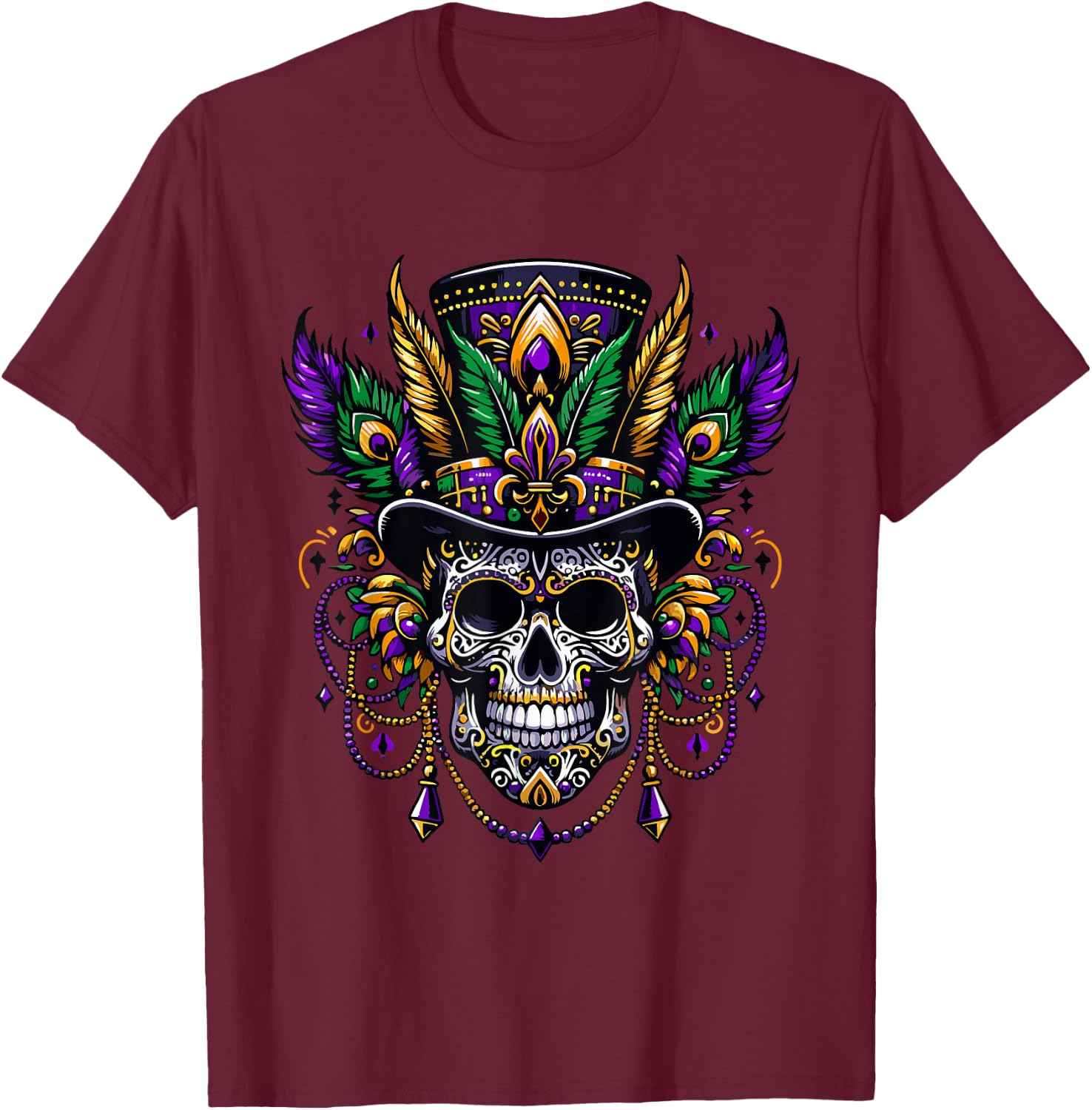 Mardi Gras Skull Top Hat New Orleans Witch Doctor Voodoo T-Shirt - T-Shirt | Maroon
