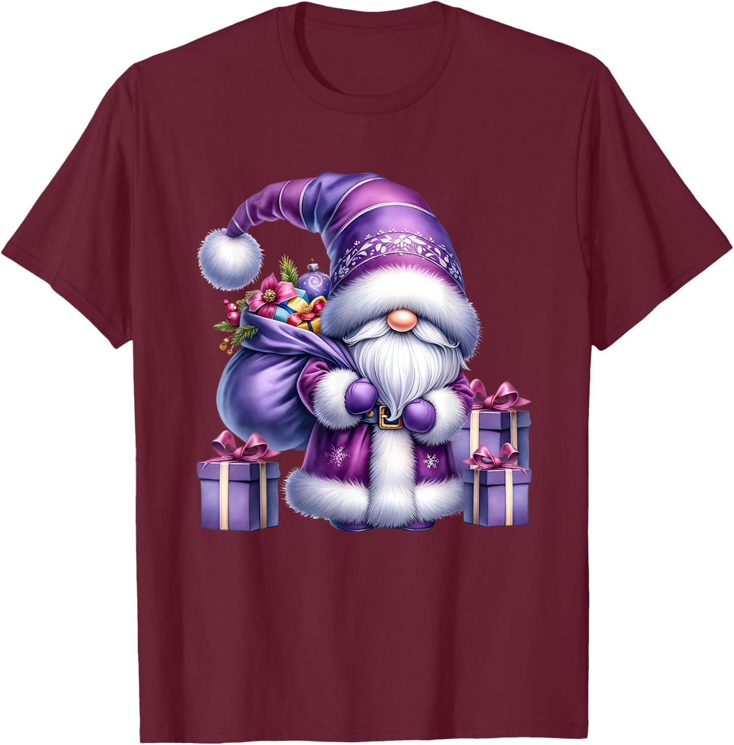 Purple Christmas Gnome Graphic Men Kids Cute Santa T-Shirt - T-Shirt | Maroon