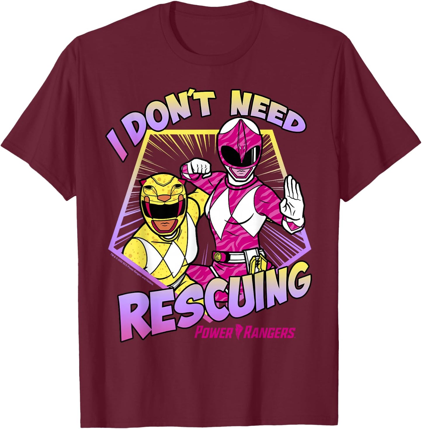 Power Rangers I Don't Need Rescuing Pink & Yellow Rangers T-Shirt - T-Shirt | Maroon