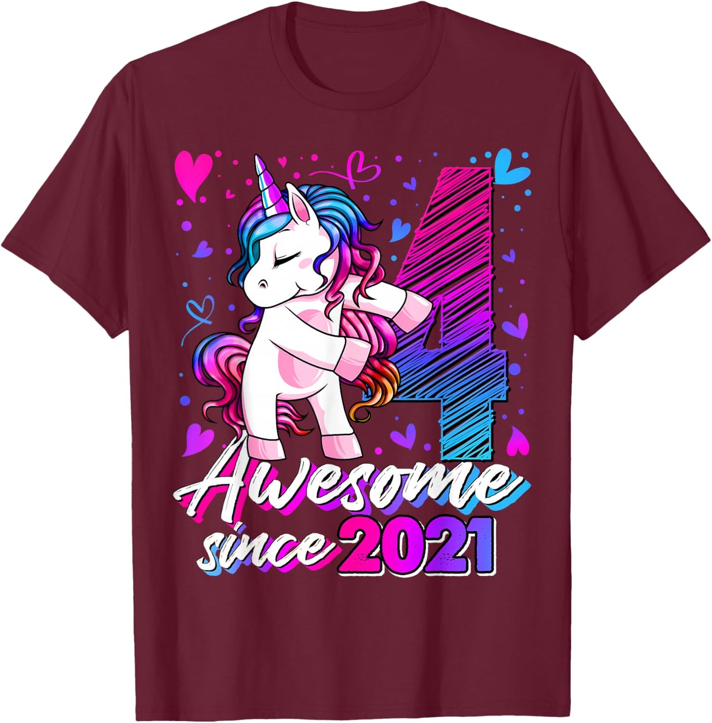4 Year Old Unicorn Gifts For Girls 4th Birthday Girl Party T-Shirt - T-Shirt | Maroon