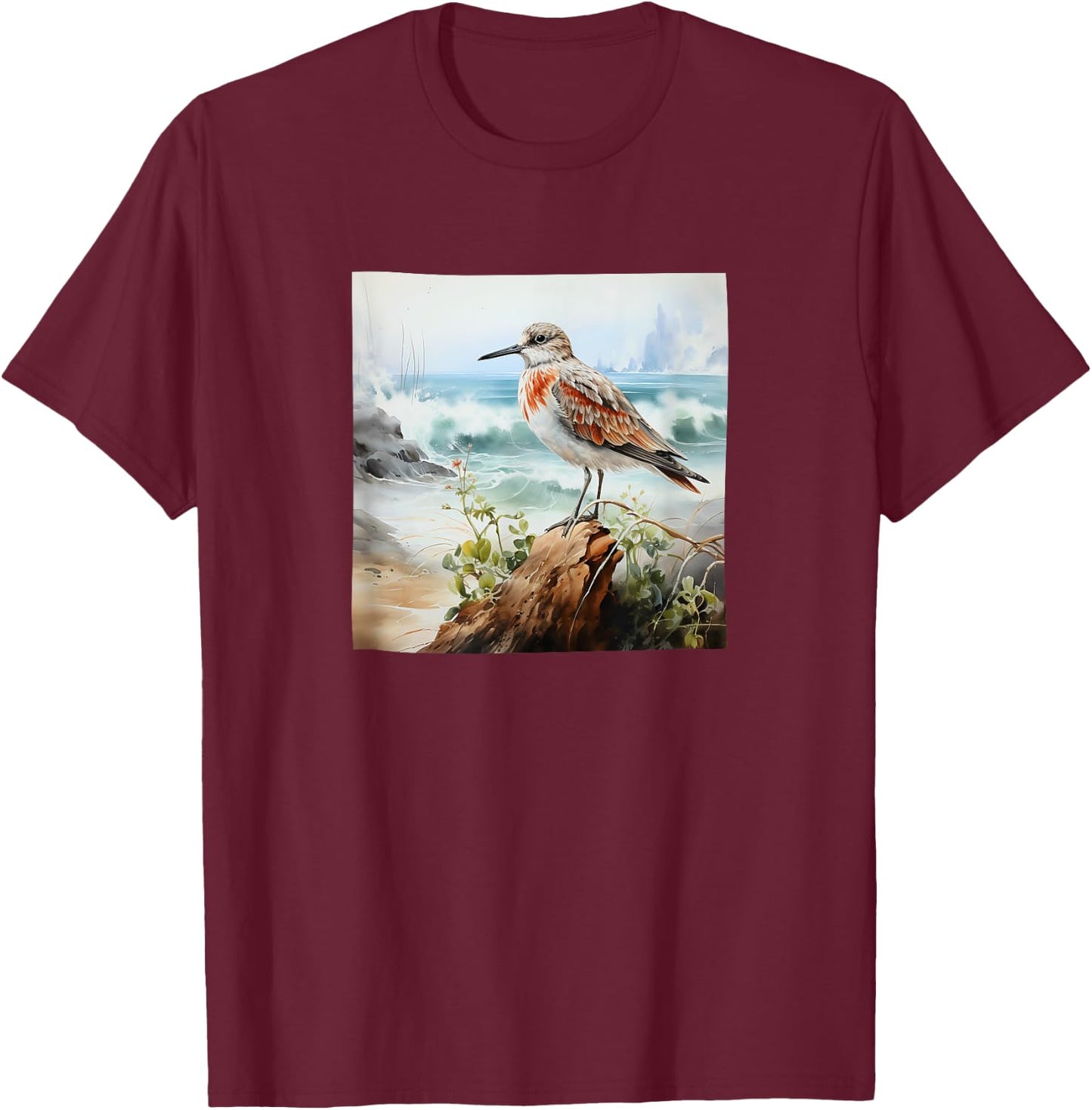 Sandpiper Ocean Watercolor Graphic T-Shirt - T-Shirt | Maroon