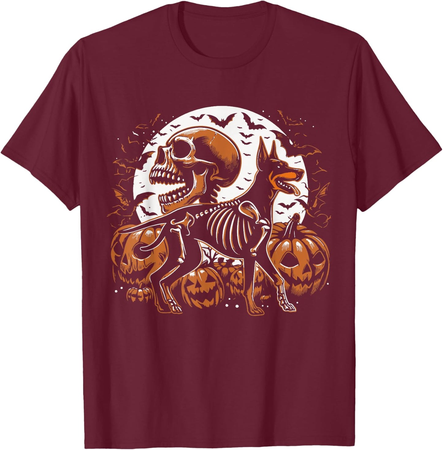 Halloween Skeleton Walking Skeletal Doberman Dog T-Shirt - T-Shirt | Maroon