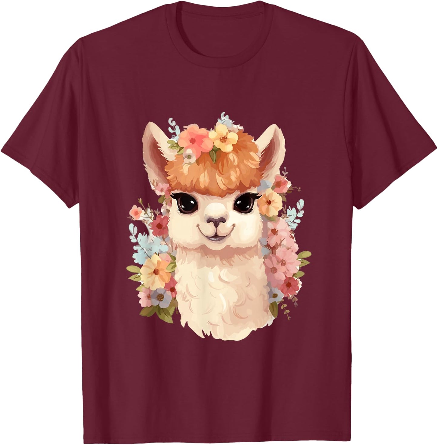 Alpaca with flowers, cute alpaca and llama T-Shirt - T-Shirt | Maroon