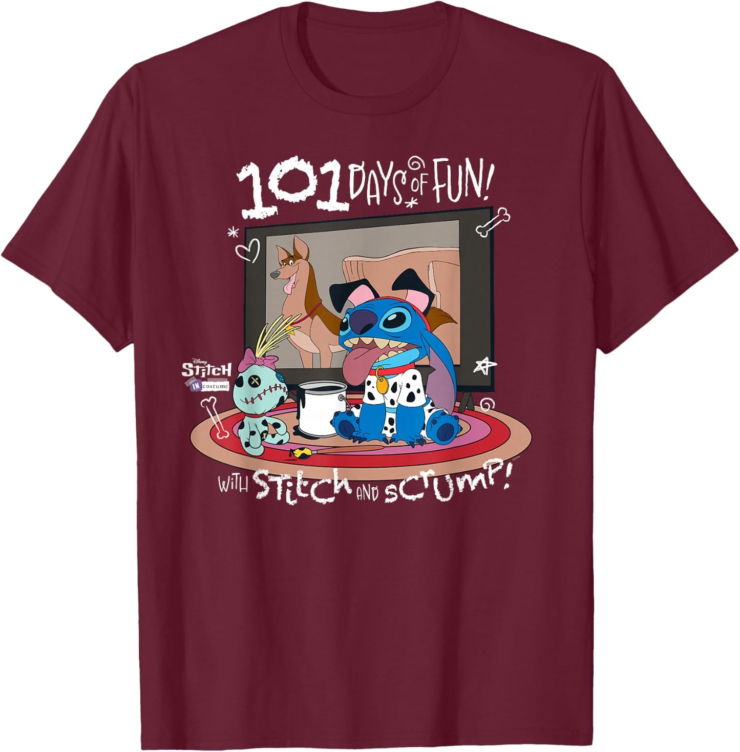 Disney 100 Stitch in Costume 101 Dalmatians Fun & Scrump T-Shirt - T-Shirt | Maroon