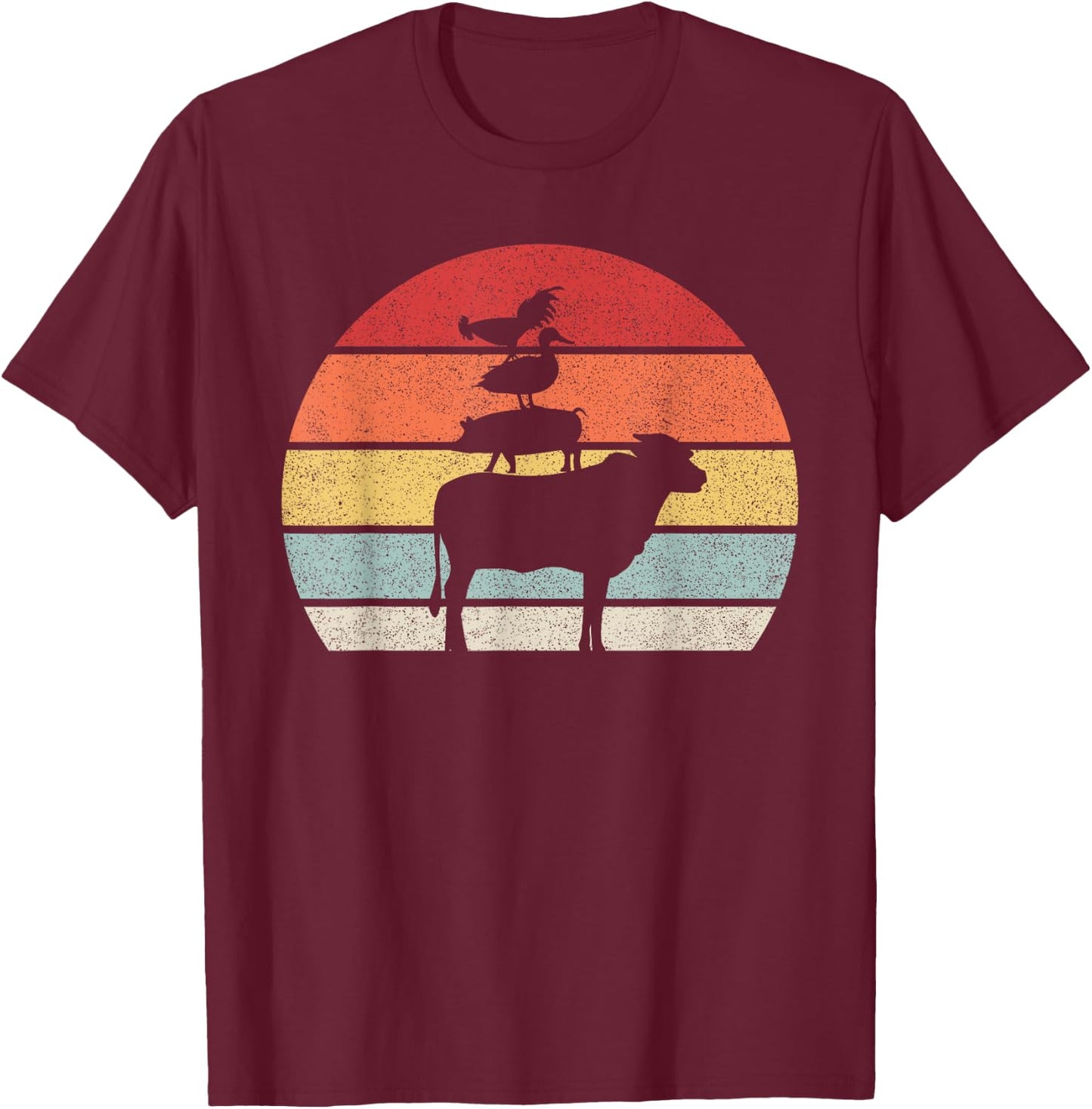 Retro Farm Animals Shirt Animal Lover Cow Pig Duck & Chicken T-Shirt - T-Shirt | Maroon