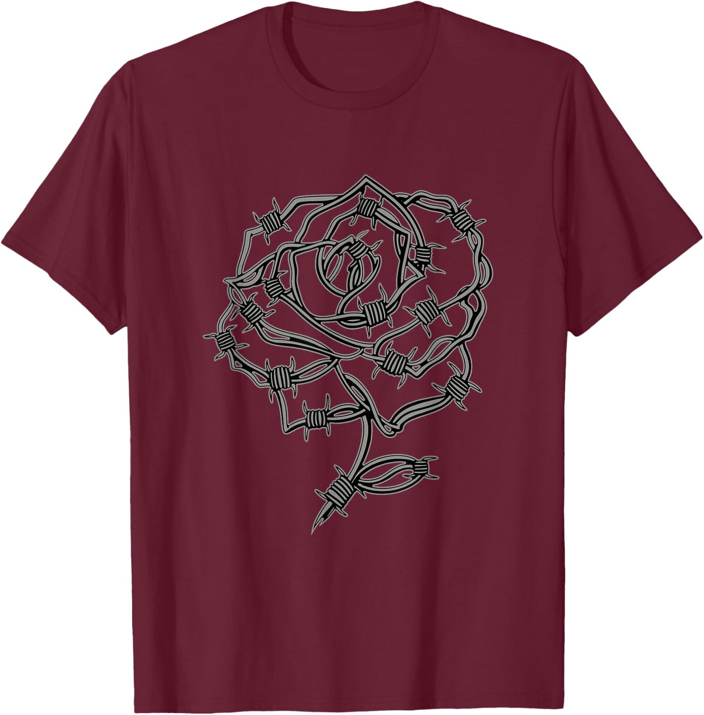 Barbed Wire Rose Grunge Aesthetic Punk Gothic Floral Goth T-Shirt - T-Shirt | Maroon