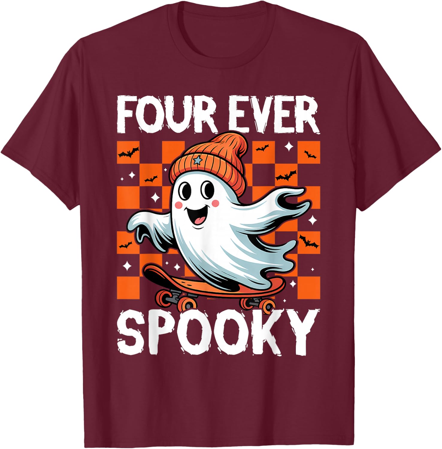 Four Ever Spooky 4th Birthday Halloween Skateboarding Ghost T-Shirt - T-Shirt | Maroon