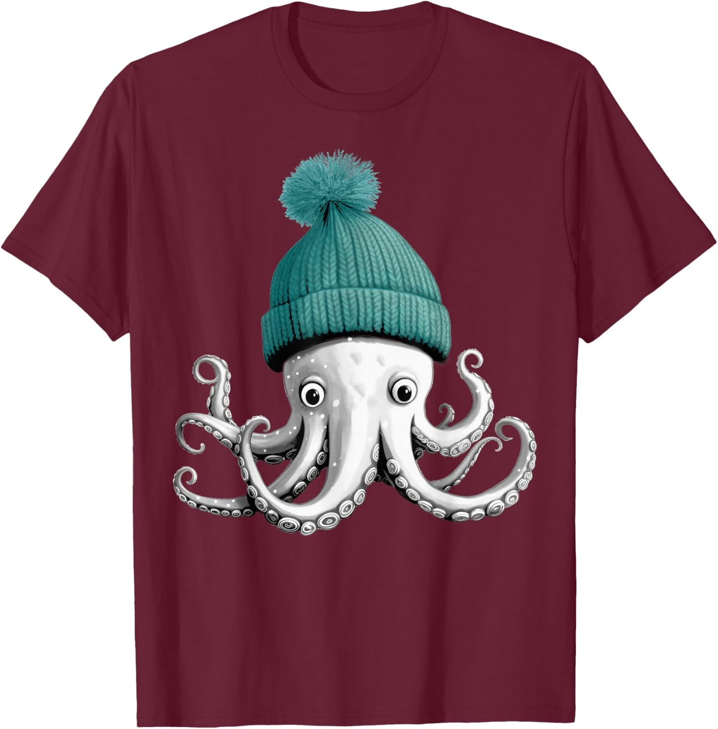 Octopus With Winter Hat T-Shirt - T-Shirt | Maroon