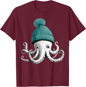 Octopus With Winter Hat T-Shirt - T-Shirt | Maroon