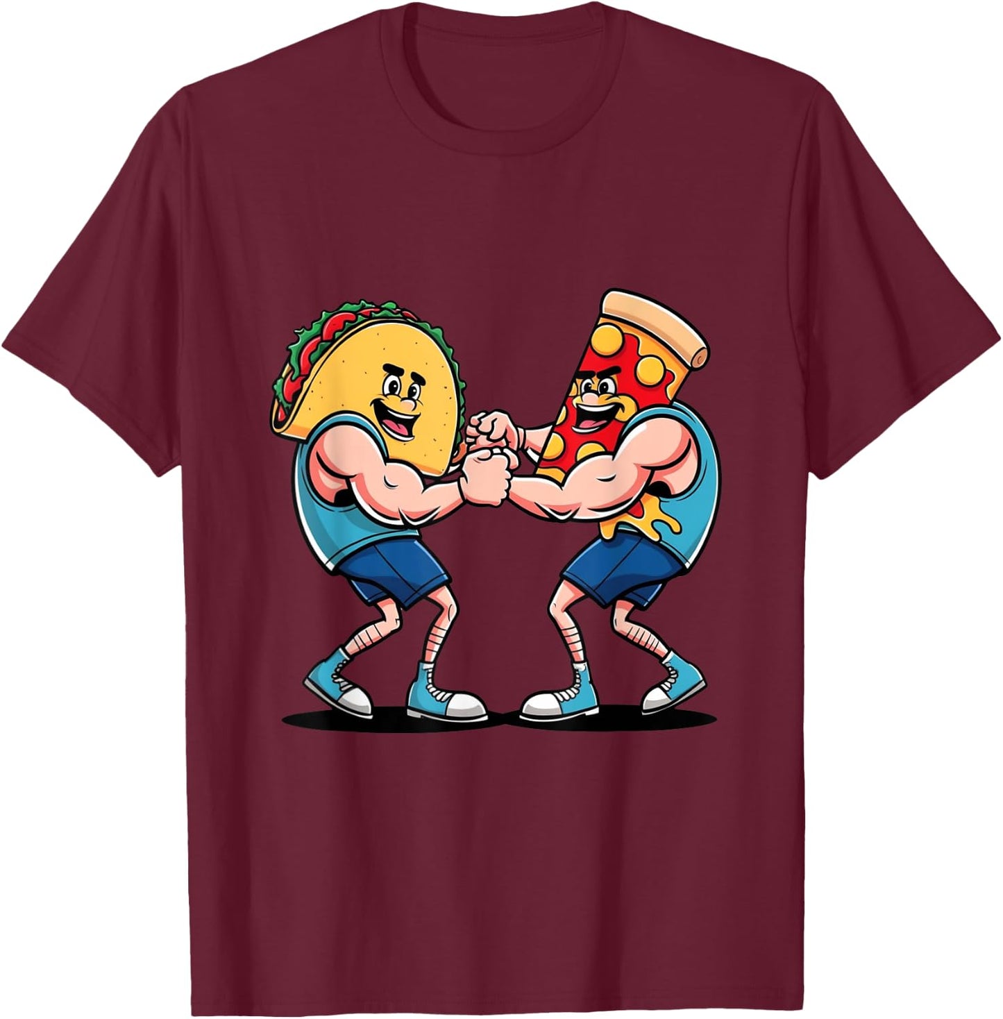Taco Versus Pizza Anthropomorphic Arm Wrestling T-Shirt - T-Shirt | Maroon